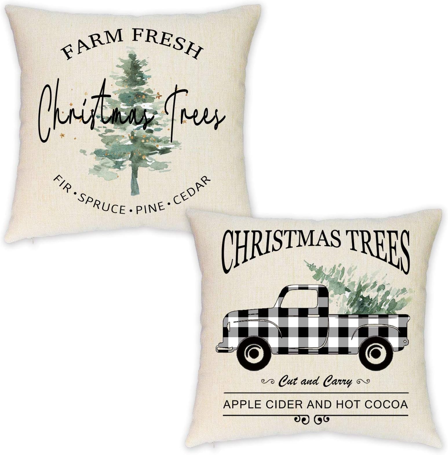 HEOFEAN Set of 2 Christmas Pillow Covers 18x18 Inches – Farmhouse Buffalo Check Truck Pillow Covers for Christmas Home Decor-Christmas Trees Decorative Pillow Covers for Couch