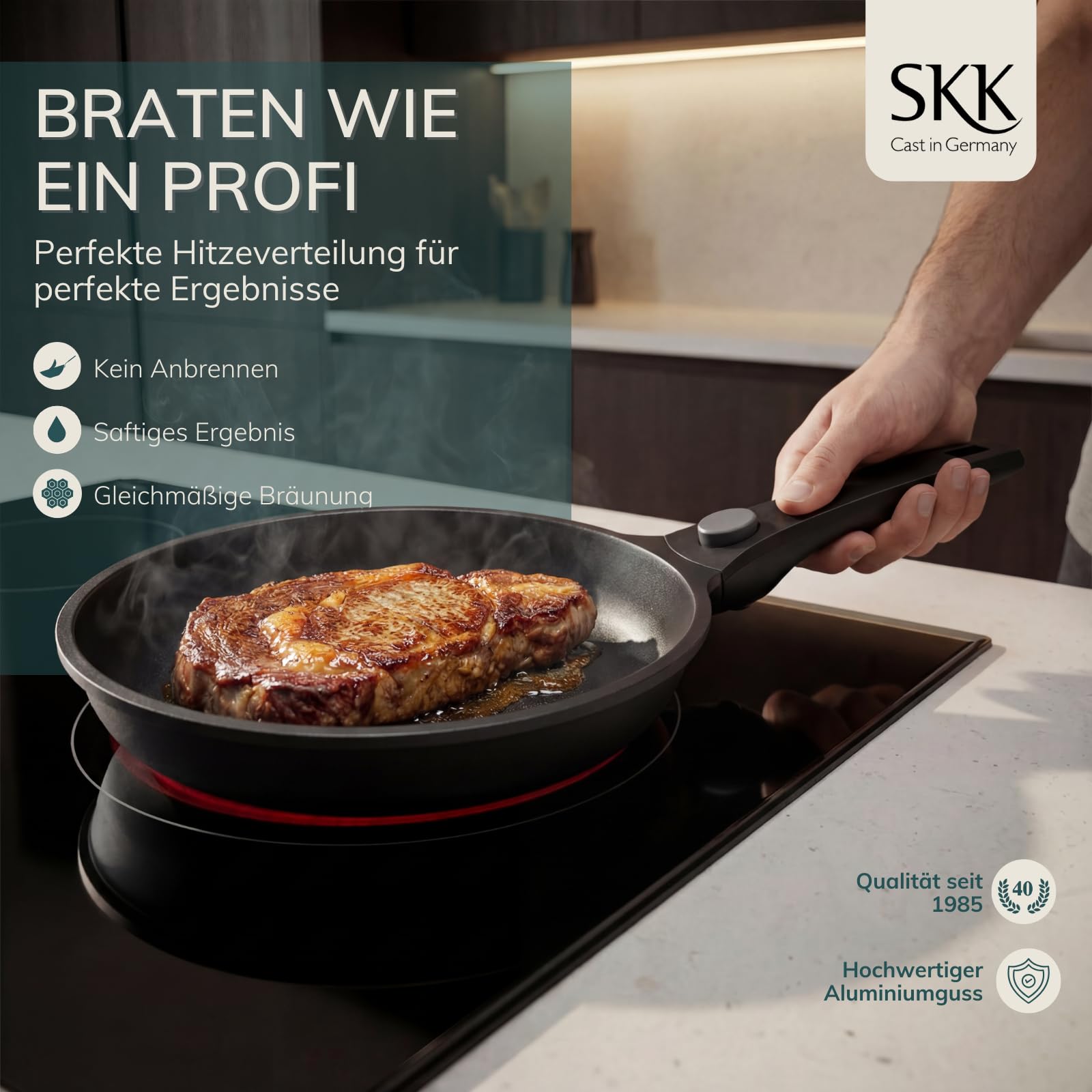 skk 14432 Serie 6 Plus - Sartén de hierro fundido (apta para inducción, mango extraíble, sartén de aluminio fundido a mano, revestimiento antiadherente)