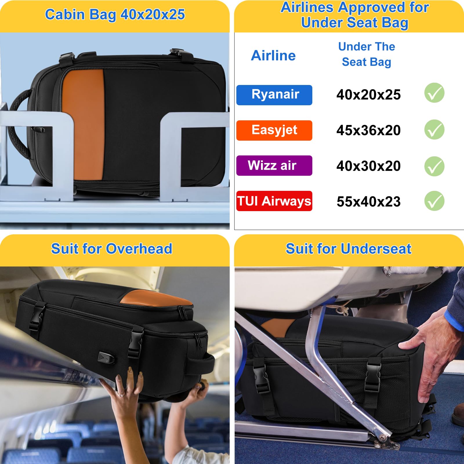 Zaino per Ryanair 40x20x25 Borse da Cabina Bagaglio a Mano Borsa Zaino da Viaggio Aereo Borsa da Viaggio Voli Sedile Bagaglio a Mano Borsa Cabina con Porta Ricarica USB, Zaino per PC 14 pollici