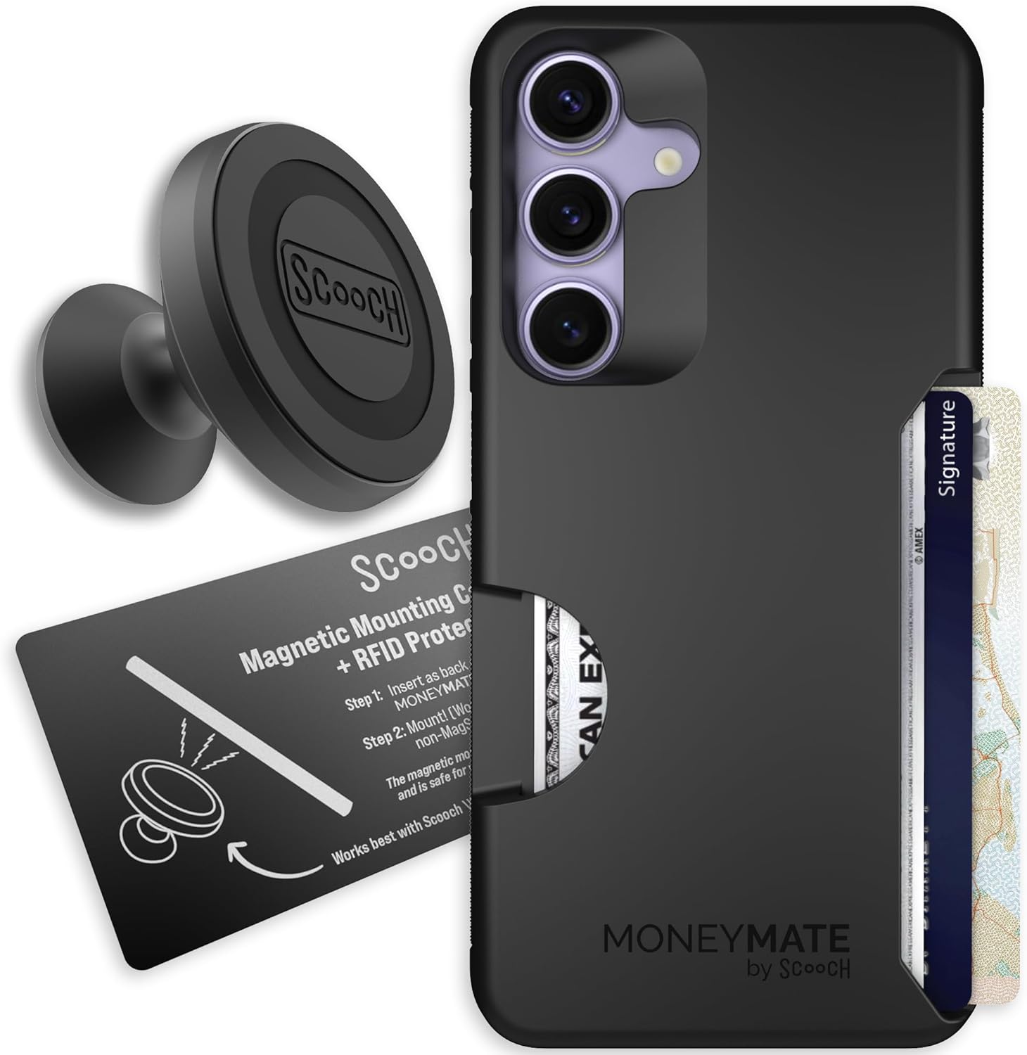 Scooch for Samsung Galaxy S25 Case with Card Holder, Moneymate Wallet Case with Card Slot and Protection for 4 Cards, Drop Protection, Wingmount Bundle with Mounting Card, Black