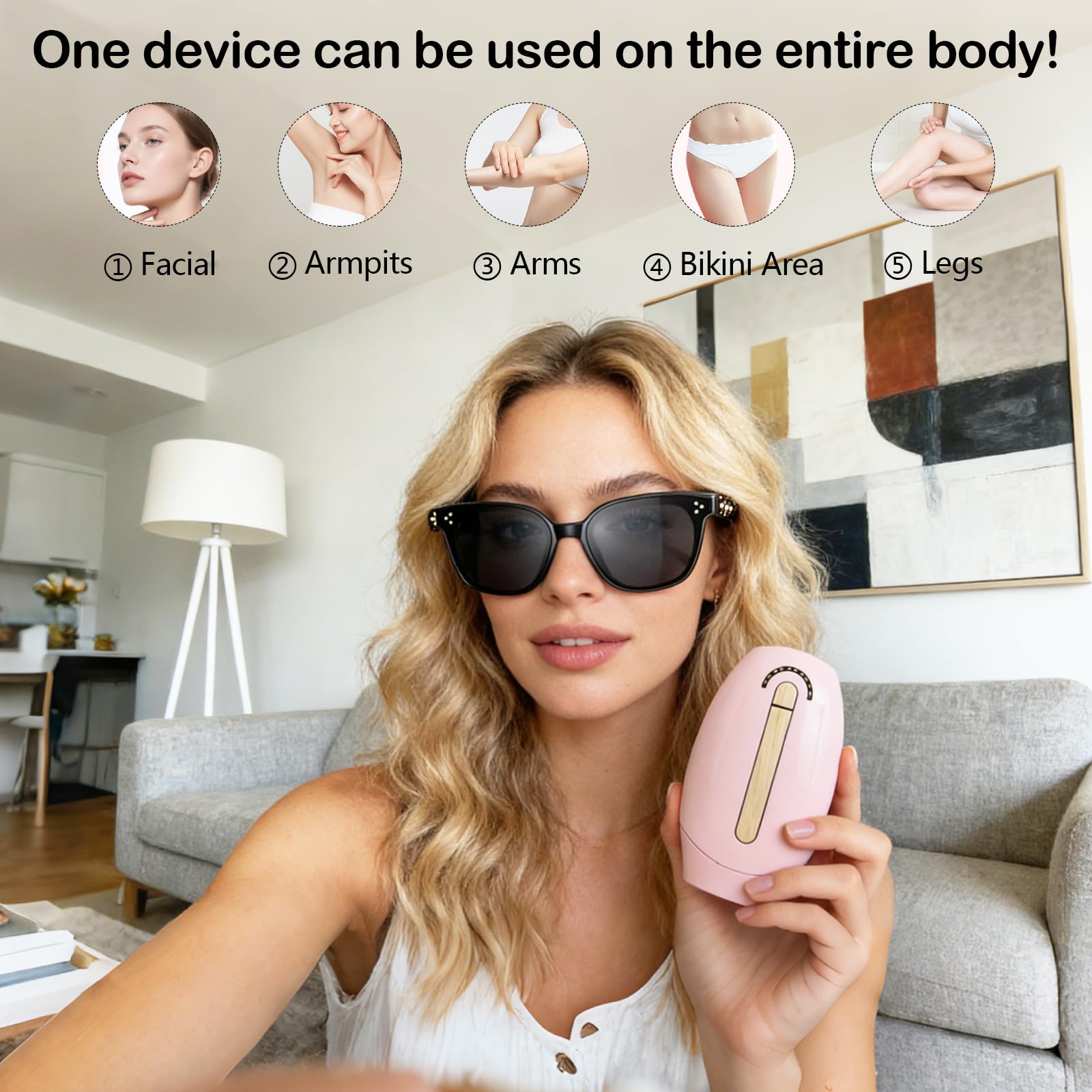 Epilatore IPL Laser setoso, con occhiali di protezione e rasoio, 5 livelli, tecnologia freddo indolore, 1.000.000 impulsi luminosi, per viso, ascelle, braccia, zona bikini e gambe