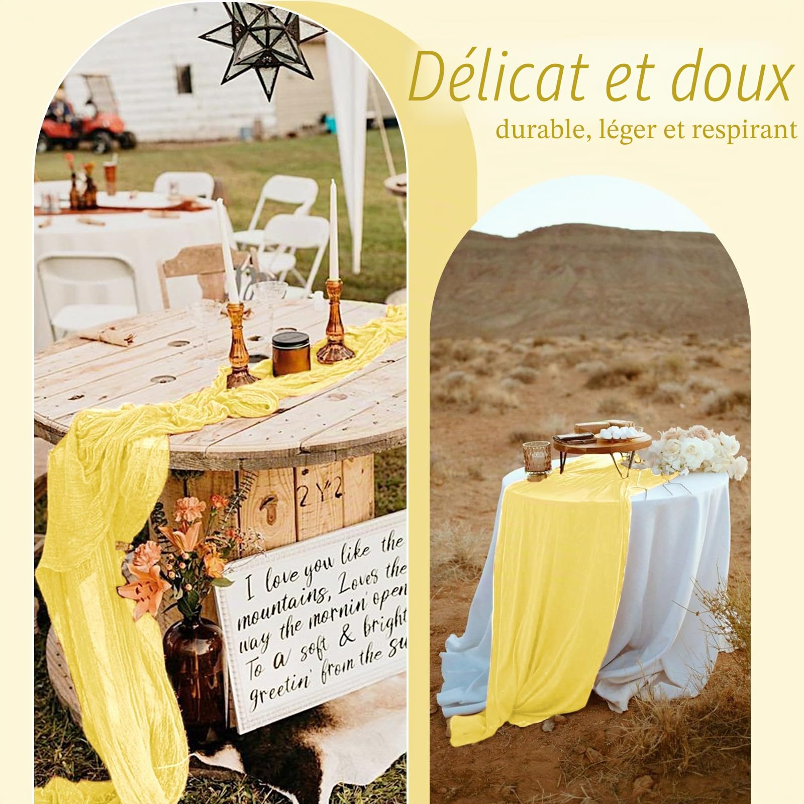Lot de 8 Chemins de Table en Étamine Jaune, 90 x 300 cm en Tissu Gaze Rustique Bohème - Chemin de Table en Étamine Longue Nappe pour Mariage, Fête, Décoration