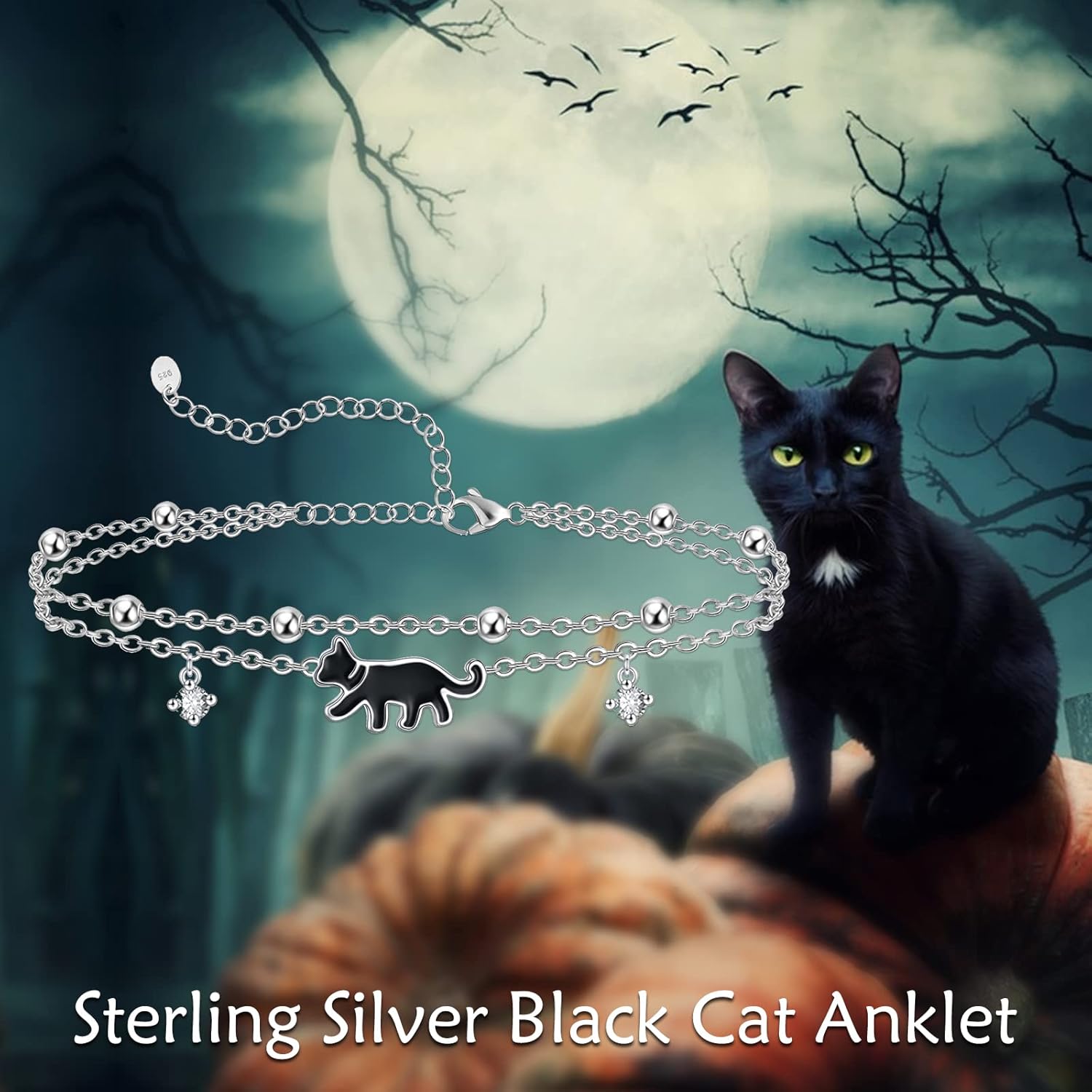 POPLYKE 925 Sterling Silver Black Cat Anklets Double Layered chain for Women birthdaySummer Beach Cat Jewelry - Image 2