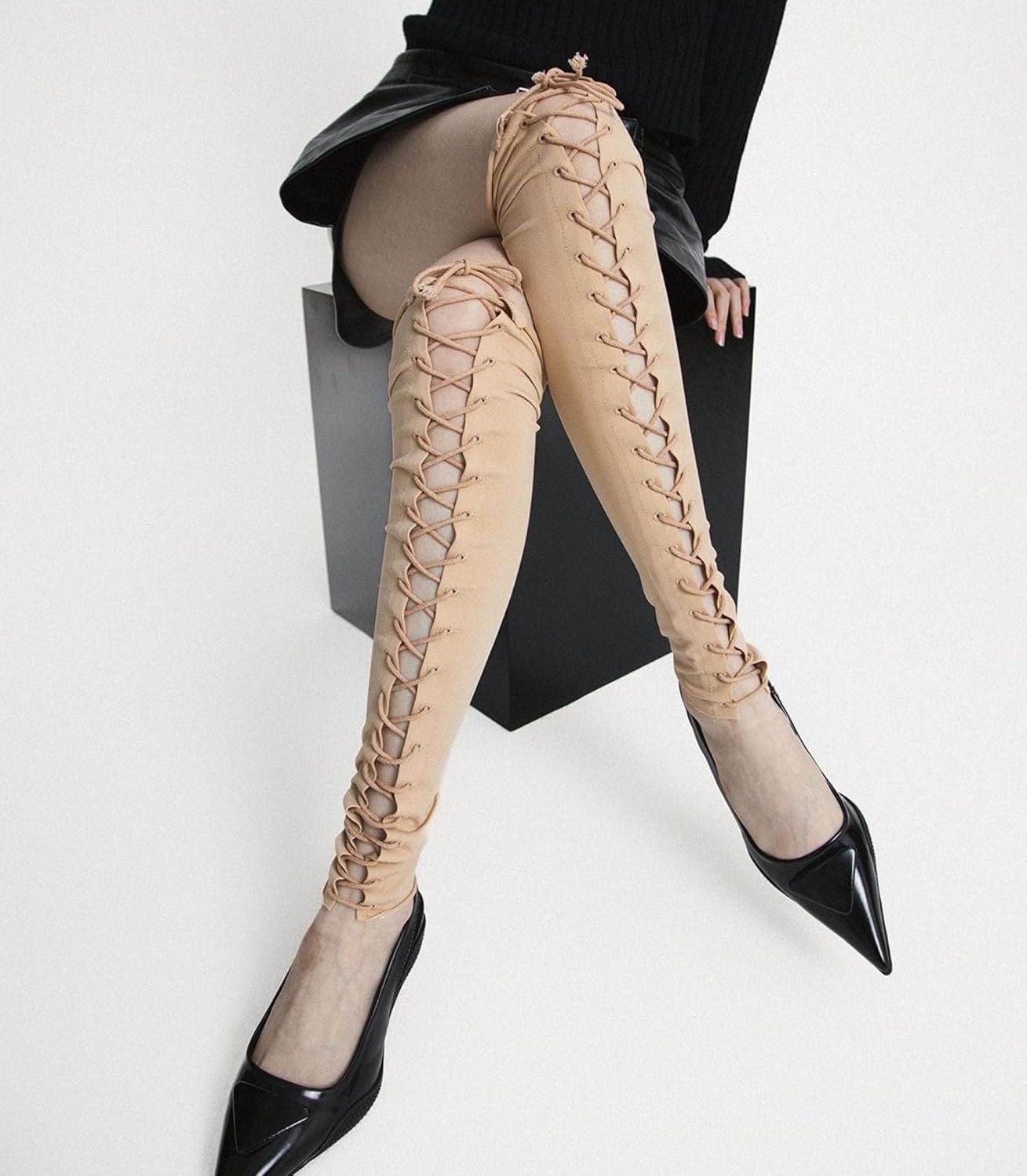 Fingerless Lace Up Long Gloves Solid Color Fashion Sexy Stretch Leg Warmers Soft Elbow Length Arm Accessories