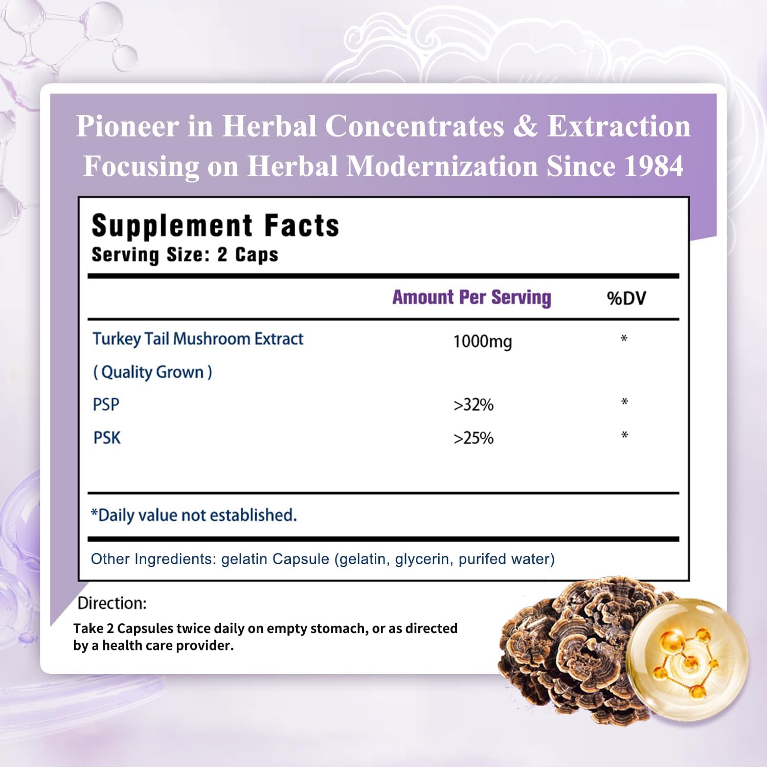 Turkey Tail Mushroom - PSP > 32% & PSK>25%, Support Immune & Cellular Level, Non-GMO, 100 Caps
