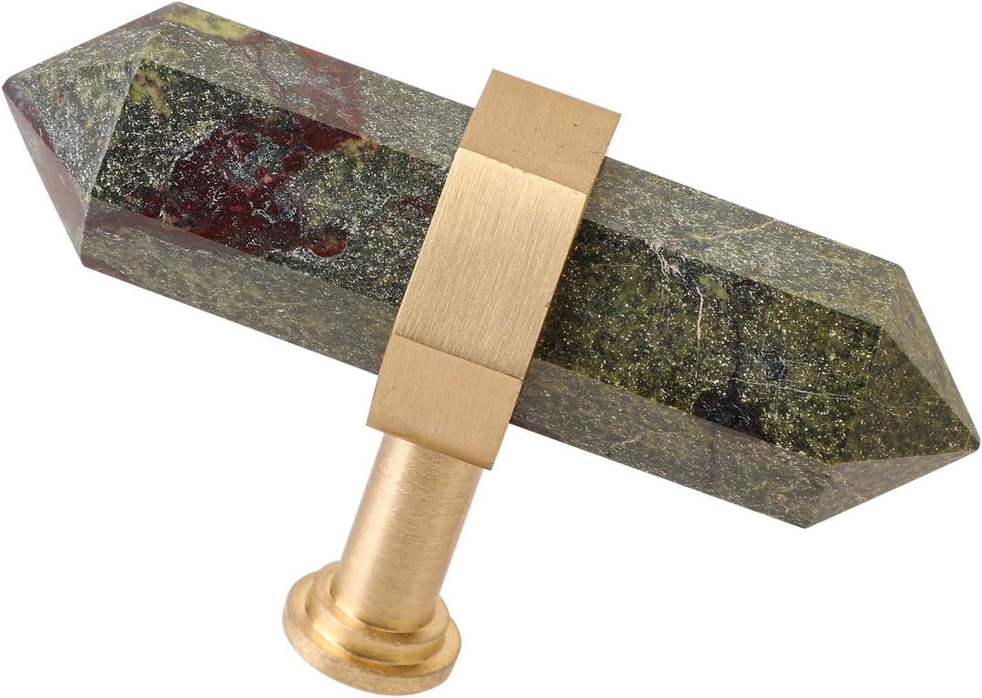 SUNYIK Pack of 2 Dragon Bloodstone Crystal Point Drawer Knobs with Screws, Hexagonal Double Point Stone Pull Handles for Cabinet Dresser Home Furniture Decor, Brass Handle