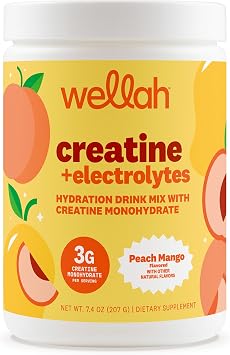Wellah Creatine + Electrolytes Powder Peach Mango 30 Servings - Hydration Drink Mix with 3g of Creatine Monohydrate