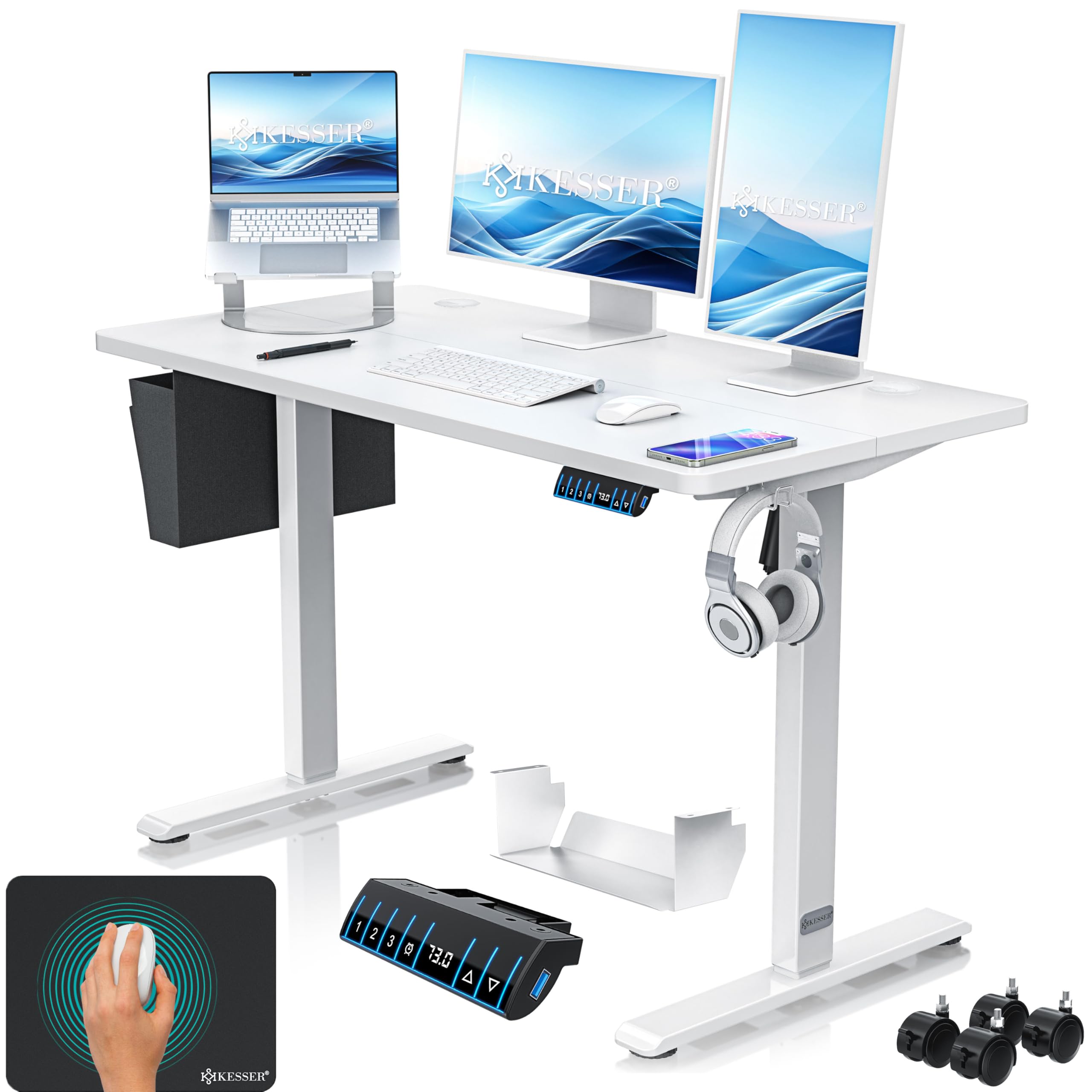 KESSER® Escritorio eléctrico Regulable en Altura, Escritorio Ergonómico de Bipedestación, Control de Memoria de 3 Funciones, Incl. Ruedas de 360° y Puerto de Carga USB, 120x60 cm - Blanco
