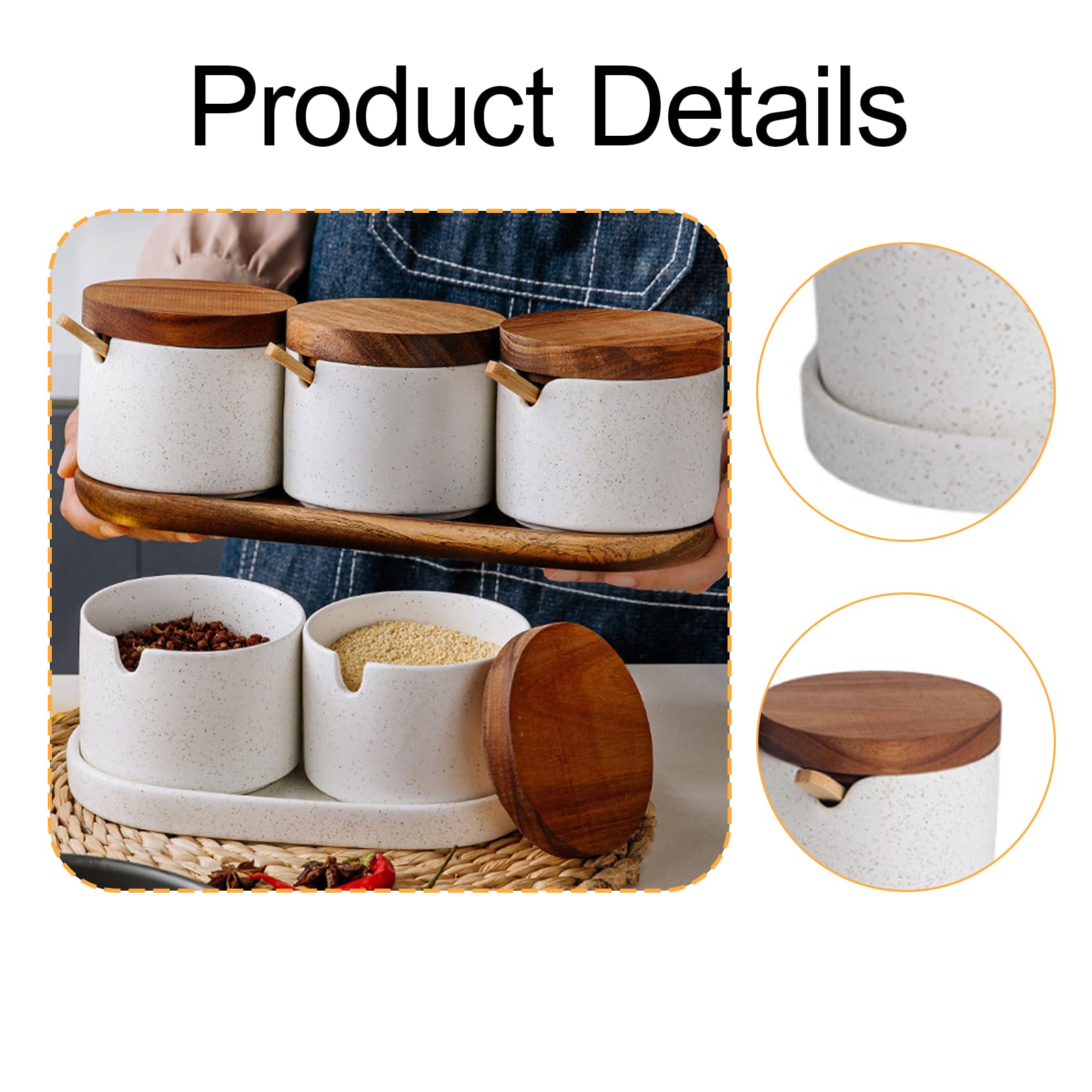2 Tarros para Especias Y Condimentos, Tapa de, Cuchara Y Bandeja de Cerámica. Diseño Moderno, Ideal para El Hogar Y La Cocina. Regalo, 2 Piezas