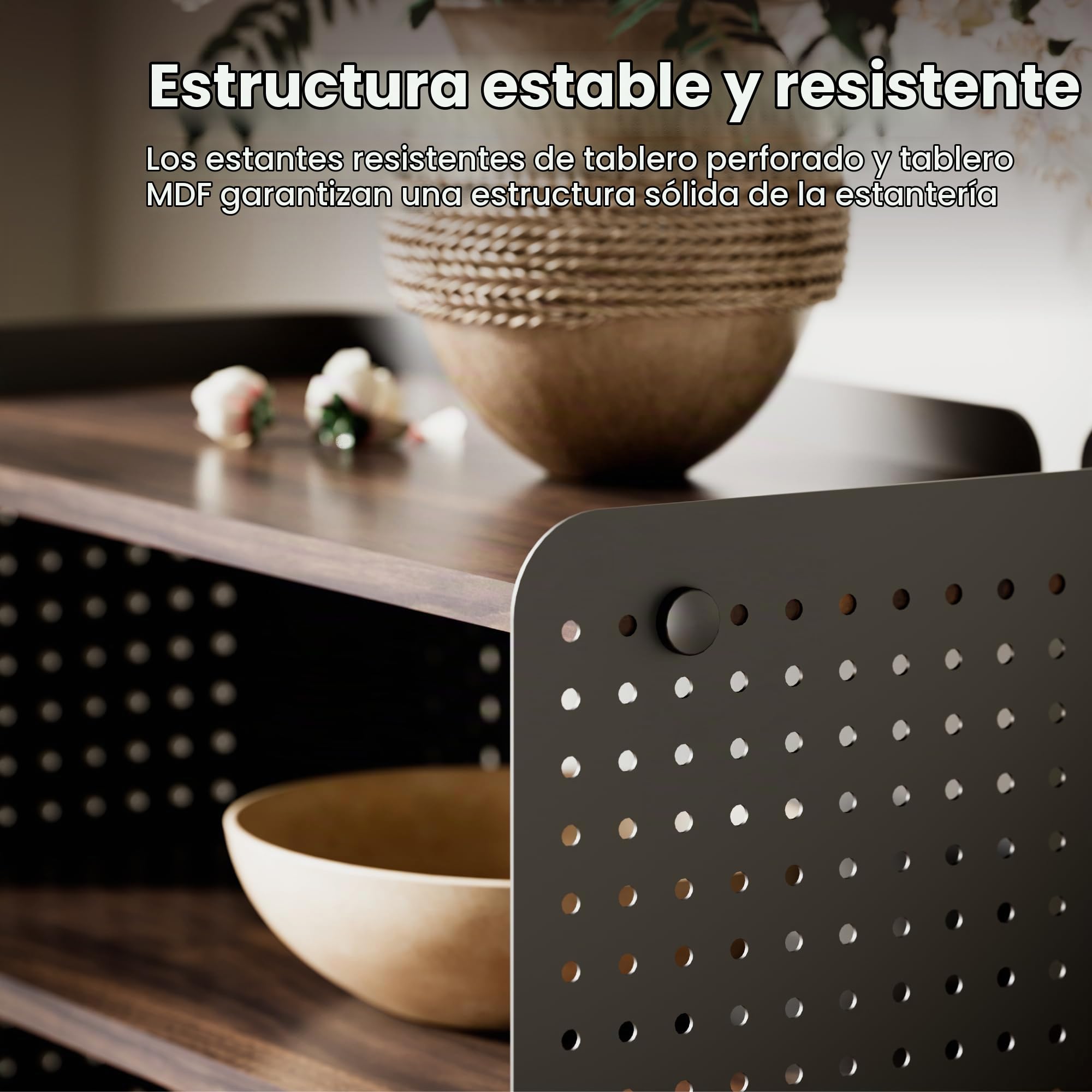 Fenge Estantería de 4 Niveles, Librero Pequeño con Panel Perforado, Estantería Abierta con Estantes Ajustables, Organizador de Almacenamiento para Sala de Estar, Dormitorio, Oficina (Marrón)