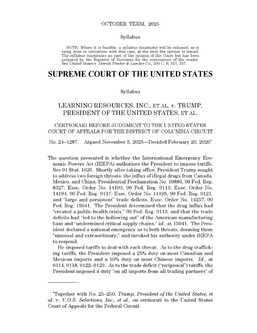 Learning Resources, Inc. v. Trump (2026): Does the International Emergency Economic Powers Act (IEEPA) authorizes the President to impose tariffs?