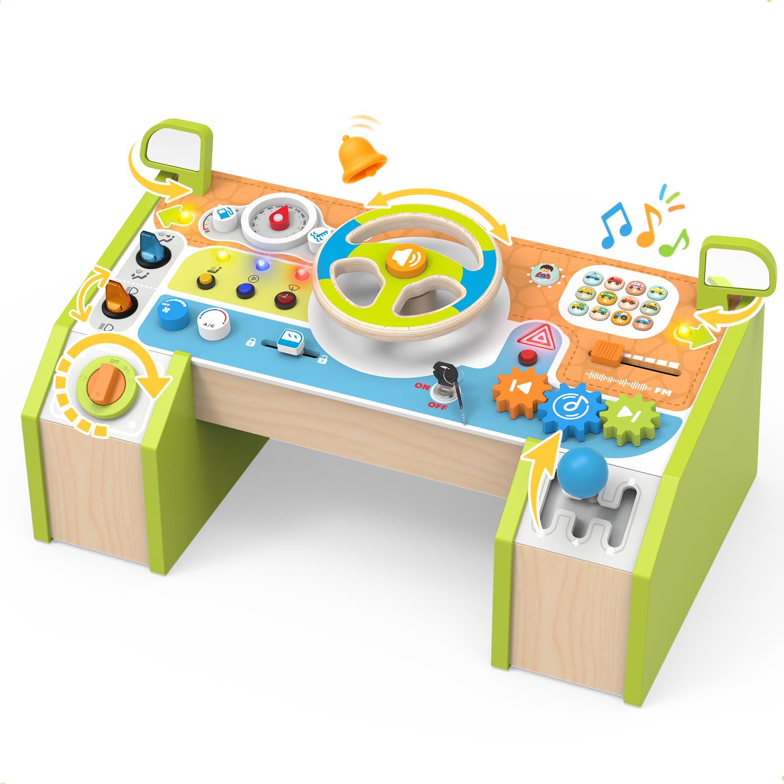 Montessori Wooden Steering Wheel Busy Board for Kids & Toddlers - Interactive Pretend Driving Dashboard with Car Sounds & Lights - Educational Sensory Learning Toys Gift for Boys Girls Preschool Ages