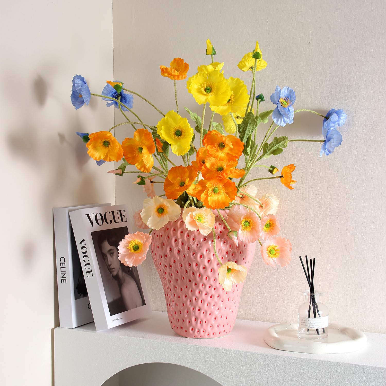 Vase à Fleurs en céramique à Motif de Fraise, Vase décoratif géant pour Arrangement Floral, Unique pour décoration de Maison, Cuisine, Bureau, Centre de Table, Grande Taille, Rose