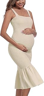 Summer Tank Maternity Dress Sleeveless Strappy Midi Bodycon Square Neck Ruffle Mermaid Smocked Dress for Baby Shower