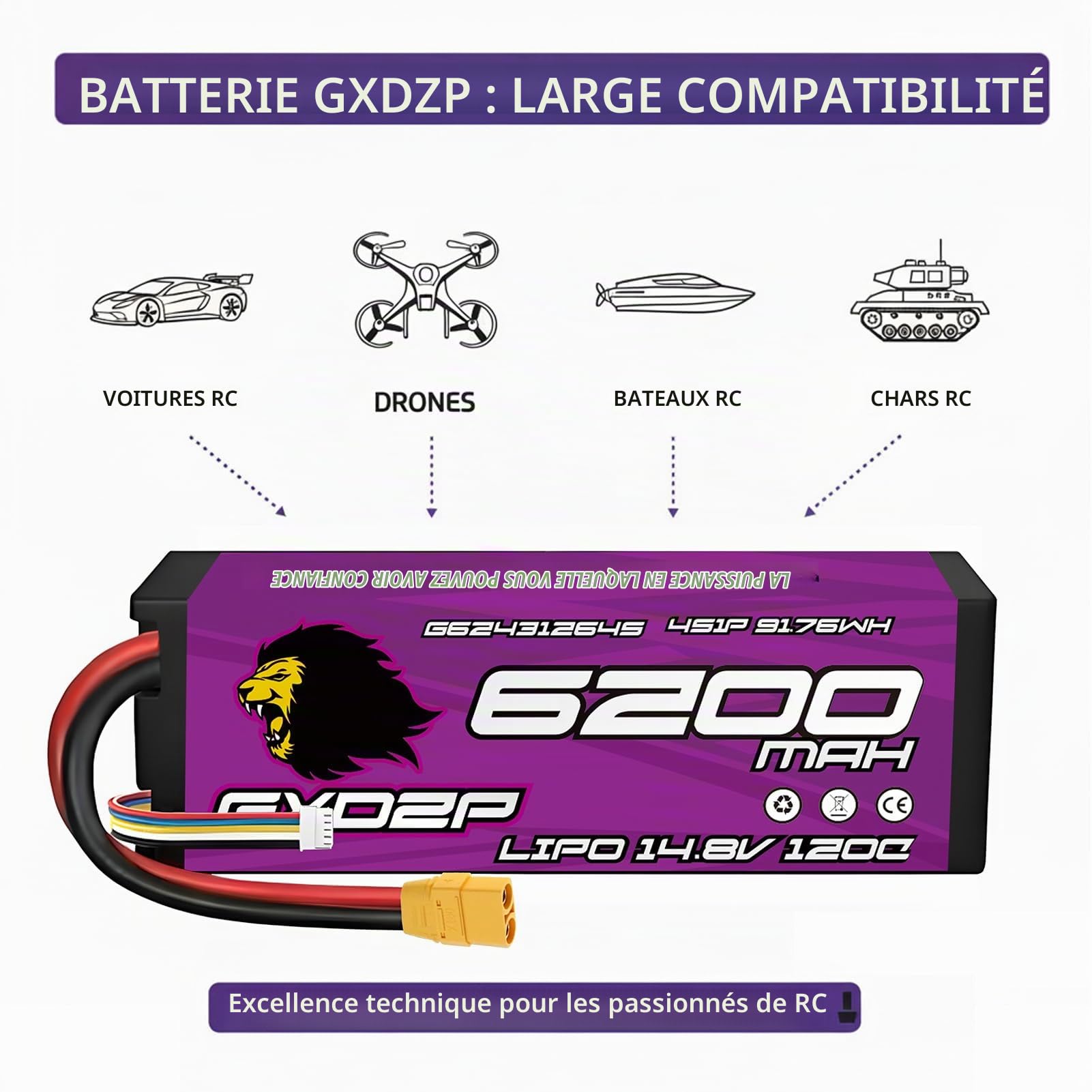 Lot 2 Batteries LiPo 4S 6200mAh 14,8V 120C XT90 Pack Double Haute Performance Longue Autonomie Boîtier Rigide pour Voiture Course Buggy Truggy Camion RC 1/10 1/8 Échelle Télécommandé