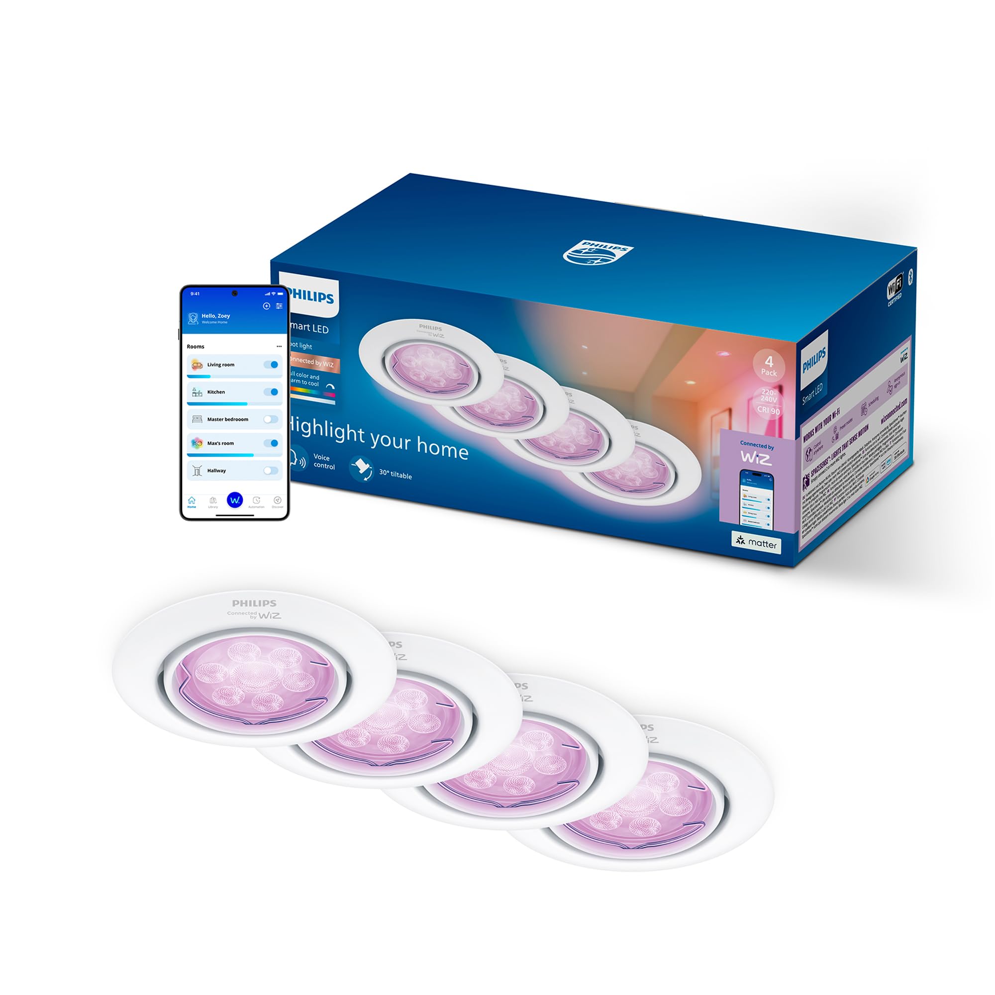 Philips Smart Lighting Kit GU10, Pack de 4, Spot Plafond, Blanc et Couleur Réglable, Tête Inclinable, Intensité Réglable, Commandes via App et Voix, Blanc