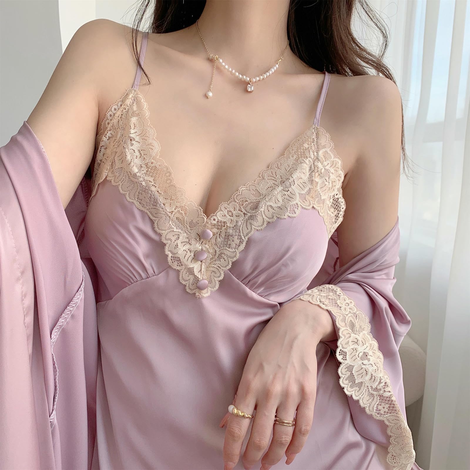 Camicia Notte Donna Pigiama Estivo per Donne con Cuscinetti per Il Petto in Seta Ghiacciata da Notte da Notte per Le Donne in Due Pezzi Estate in Due Pezzi-Viola-m