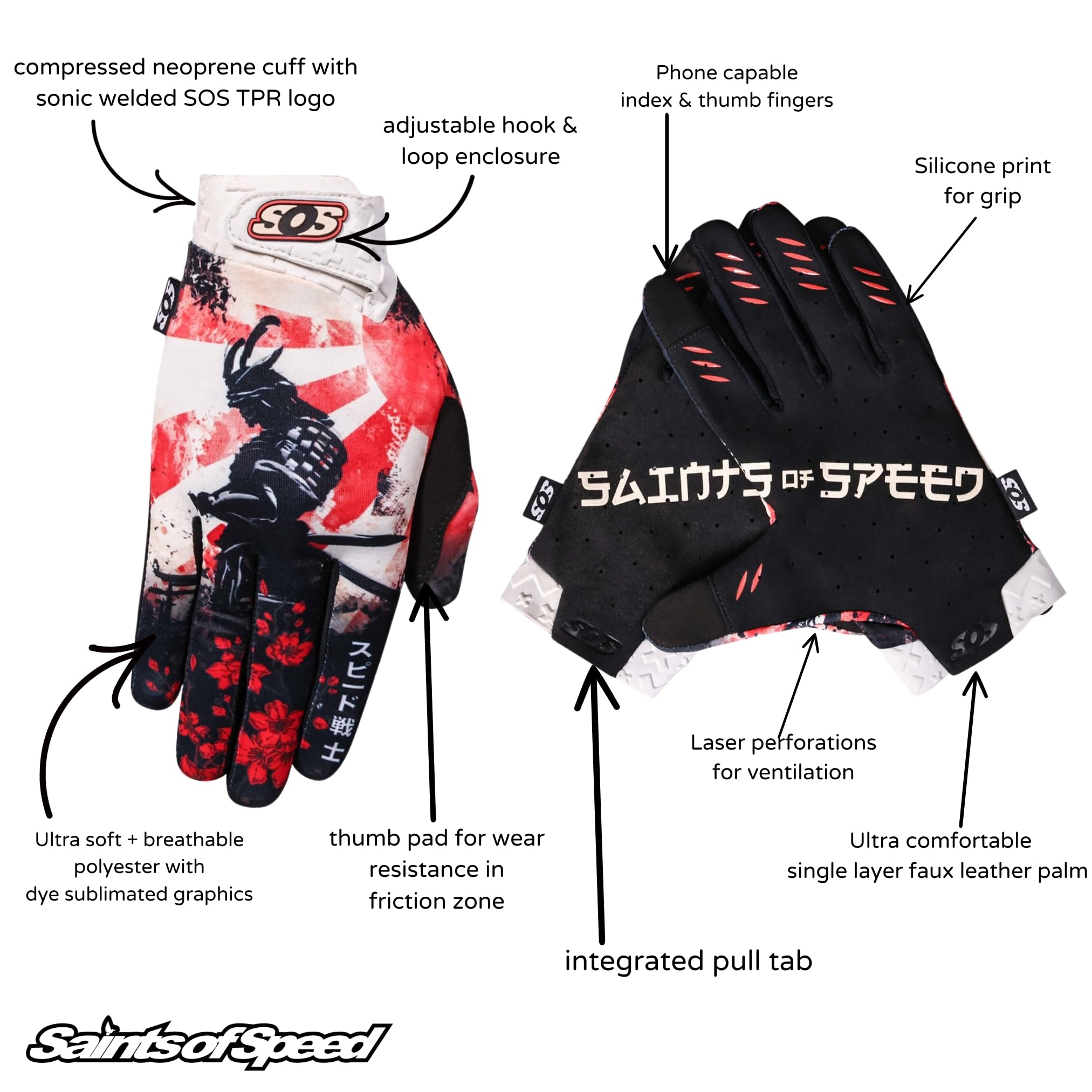 Saints of Speed Samurai - Guantes de motocross, bicicleta de montaña, motocicleta, BMX, Jetski, Sim, Karting, Airsoft, Paintball, conducción y carreras, compatible con teléfono y pantalla táctil