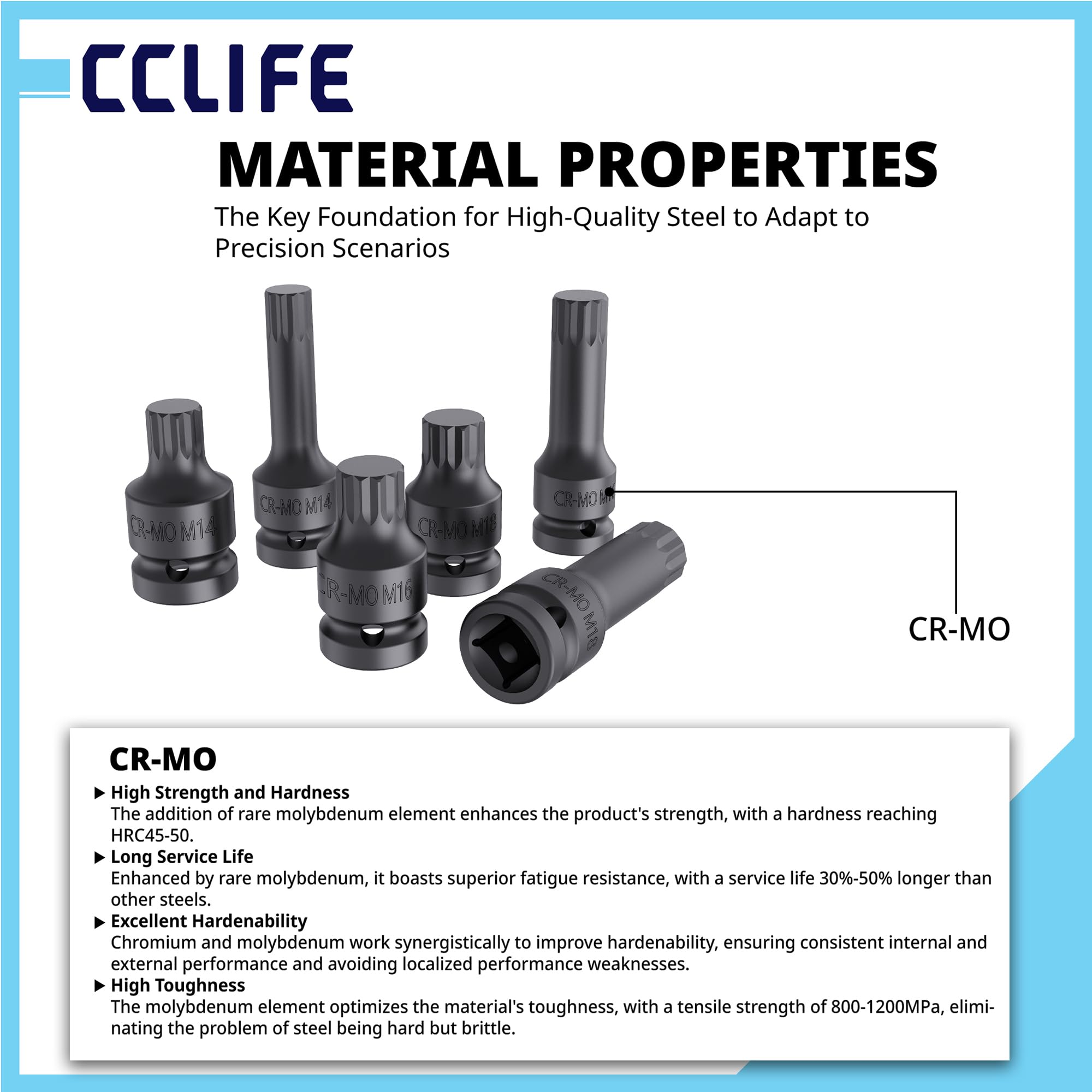 CCLIFE Spline Impact 6-częściowy zestaw kluczy nasadowych 1 2", klucz nasadowy M14, M16, M18, wielozębowe, końcówki do bitów CR MO, krótkie, długie