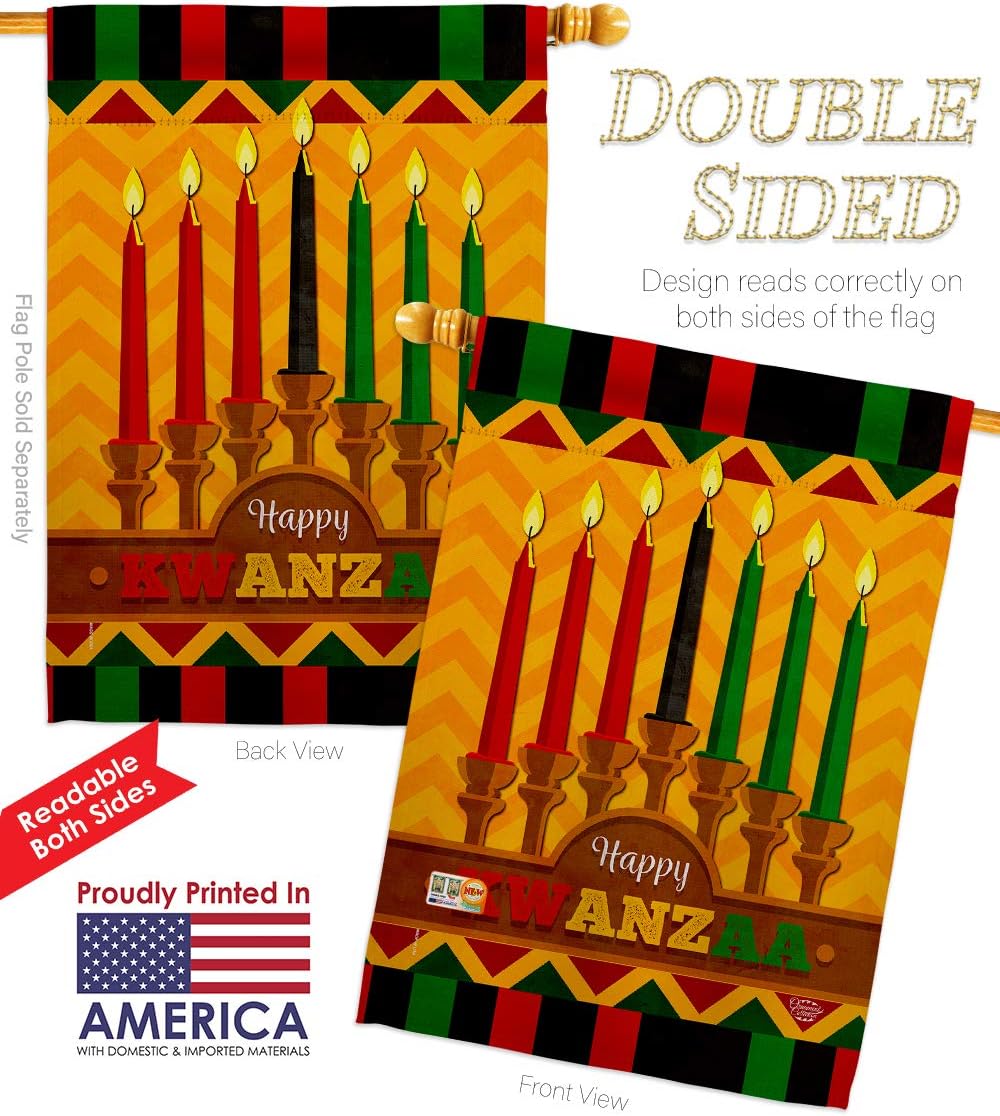 Kwanzaa Happy Holiday House Flag Winter Kinara Candles Celebrates African Americans Heritage Small Decorative Gift Yard Banner Double-Sided Made in USA 28 X 40