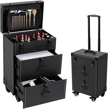 Rolling Makeup Train Case Upgraded Professional Makeup Case 3 In 1 Nail Tech Travel Case Cosmetology Case on Wheels with Makeup Brush Bag Classic Cosmetic Travel Trolley Black