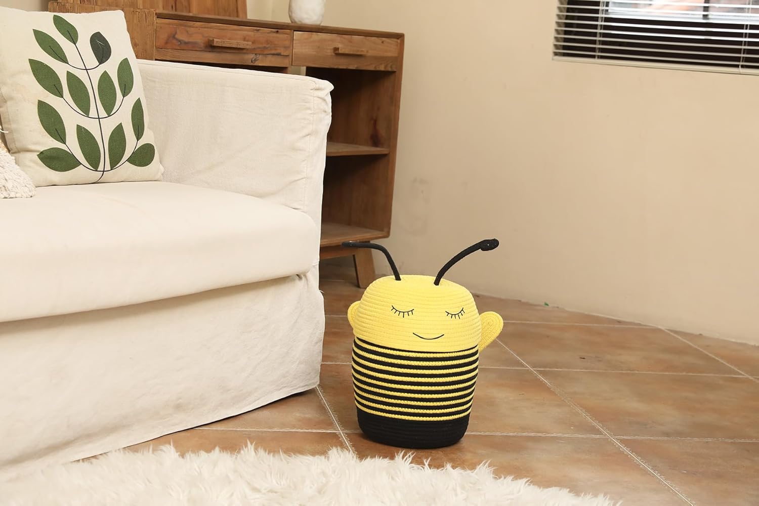 Cottonphant Handcrafted Animal Inspired Basket with Lid | Cotton Storage Solution for Organization in Bedroom | Perfect Organizer for a Shower or Retreat, Yellow Bee, 10"x15"