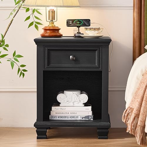Miniatura 8 de Juego de 2 mesas auxiliares de granja con estación de carga, mesa auxiliar de madera rústica con cajón, mesitas de noche pequeñas con estante
