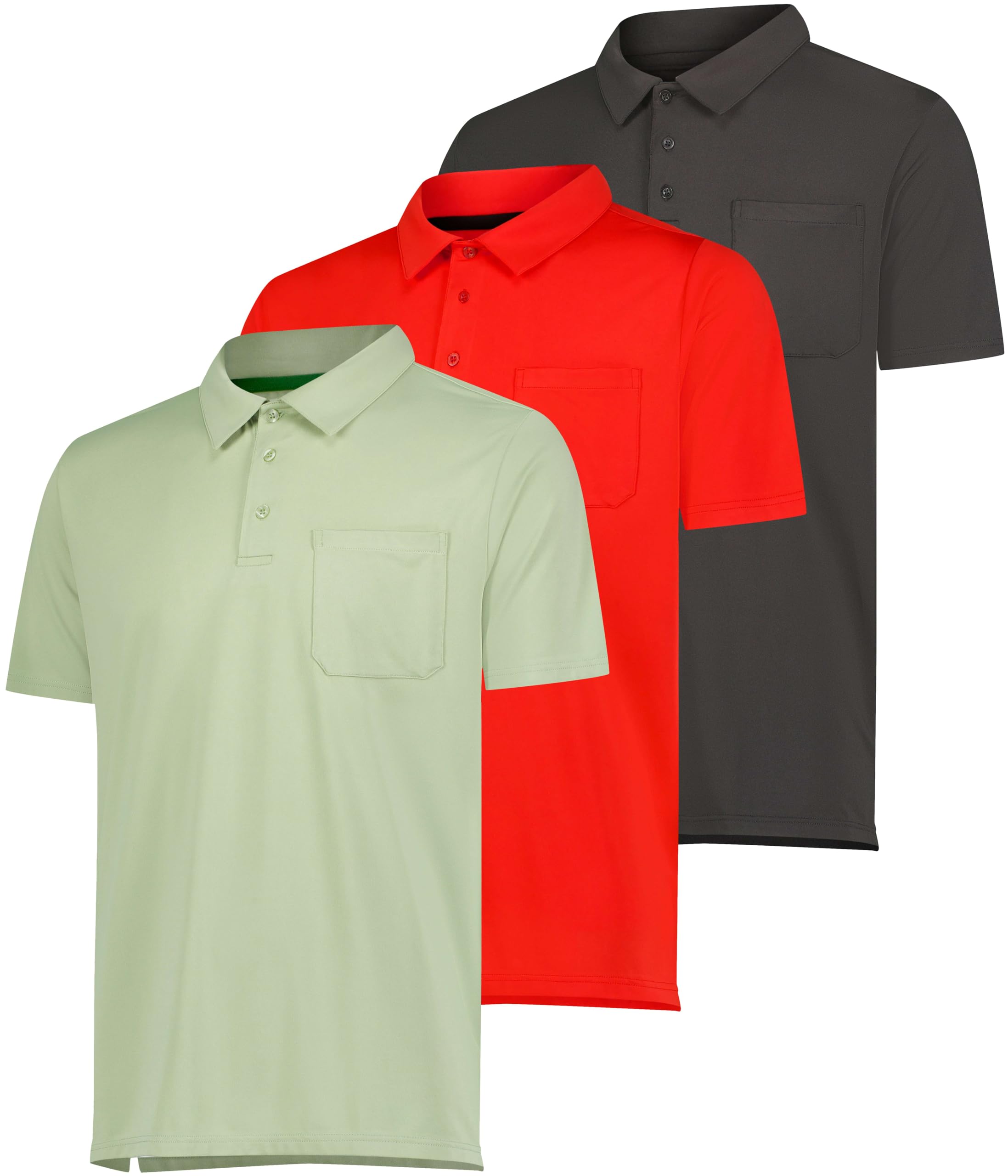 Real Essentials 3 Pack: Men's Short Sleeve Pocket Polo Shirt Dry-Fit Performance Tactical Golf (Available in Big & Tall)