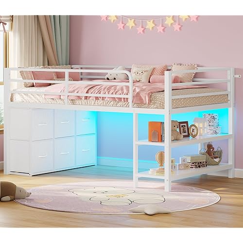 BTHFST Low Loft Bed Twin Size with 6 Storage Drawers, LED Lights, 2 Tier Storage Shelves, Kids Metal Loft Bed with 15" H Stairs & Safety Guardrail, Spave Saving, White