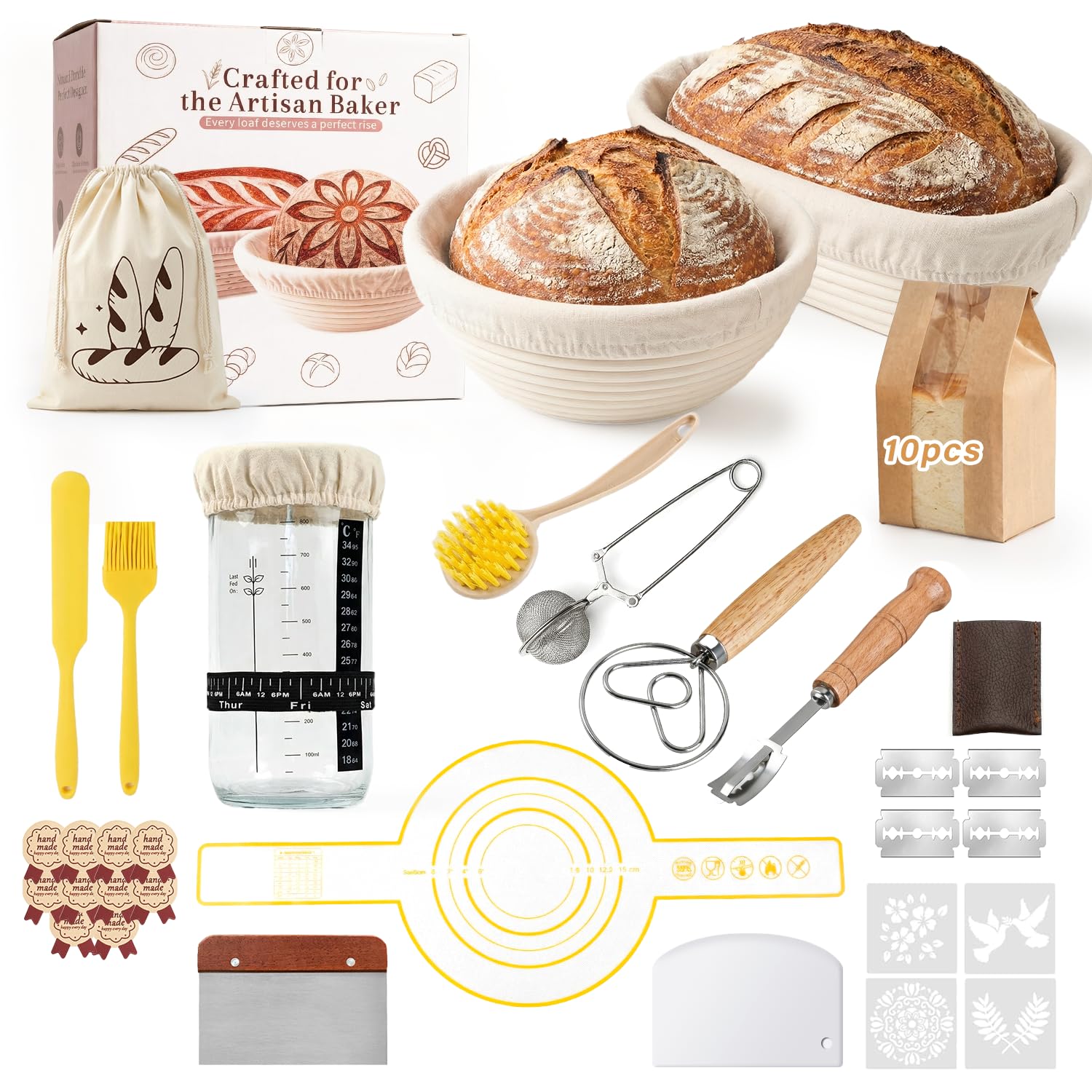 Banneton Pour Pain, Kit Boulangerie Levain, Corbeille a Pain en Rotin Naturel 23 cm Rond et 25 cm Ovale, Panier Fermentation Pain set pour les Débutants et Professionnels