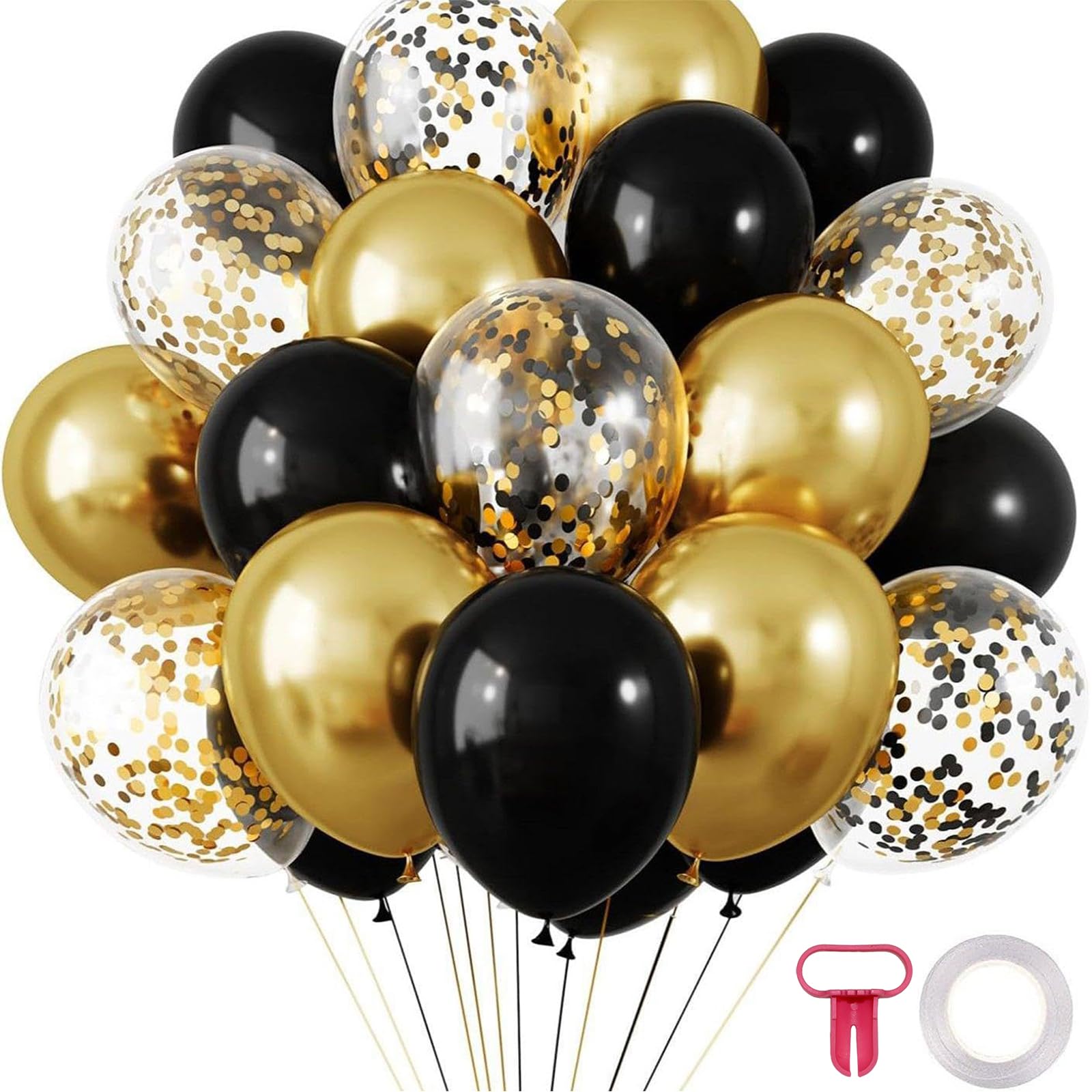 Black Gold Confetti Balloons for Party Wedding Birthday Anniversary Decorations - 30-Piece Metallic Shiny Balloon Set with Pink Pump and Silver Tape for Adult Home Celebrations Indoor Outdoor