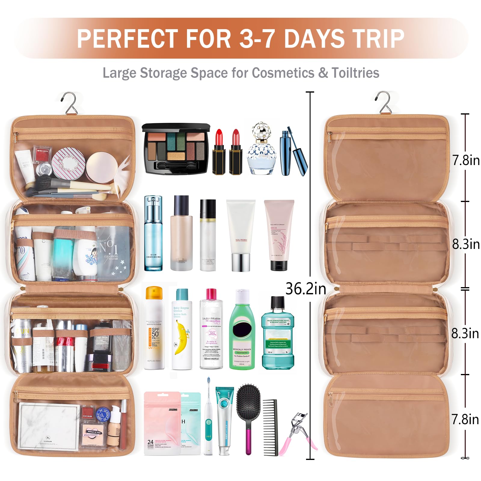 Neceser de Viaje para Mujer, Organizador de artículos de tocador de Viaje para artículos de tocador de tamaño Completo, Bolsa de Viaje portátil Resistente al Agua con Gancho para Colgar y 4
