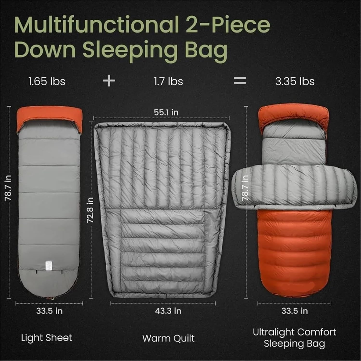 650FP/700FP リサイクルダウン寝袋 &ndash; 3 シーズン超軽量コンパクト、圧縮袋付き