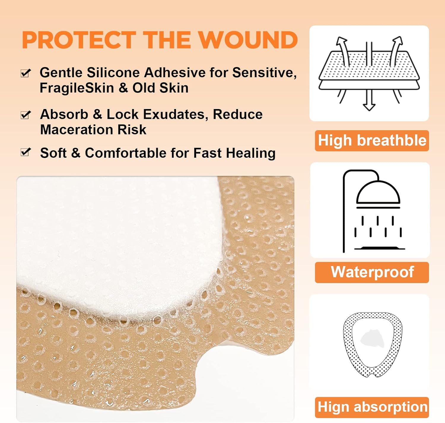 Carbou Wound Dressing Sacrum Silicone Foam Dressing with Adhesive Border, 6''x7'' Waterproof Sacral Pad for Sacrum,Butt Bed Sore,Pressure Ulcer,High Absorbent Wound Care Bandages,5 Pack