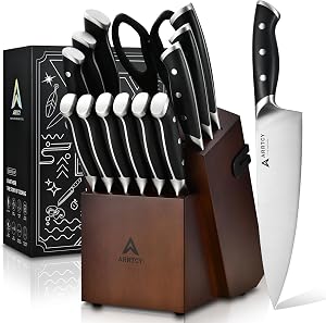 Knife Set with Block, Kitchen Knife Set 15-Piece with Sharpener - High Carbon Stainless Steel Dishwasher Safe Knives with Ergonomic Handles for Chef & Home
