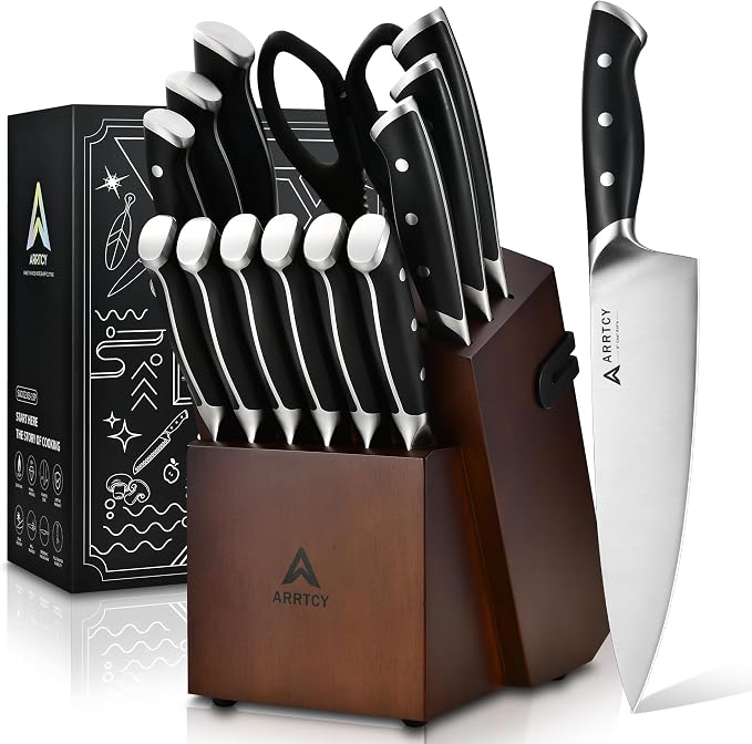 Knife Set with Block - 15 Pieces Kitchen Knife Set with Sharpener - Knife Block Set High Carbon Stainless Steel Ultra Sharp Blades - Triple Rivet Ergonomic Handle - Dishwasher Safe Chef Knife Set