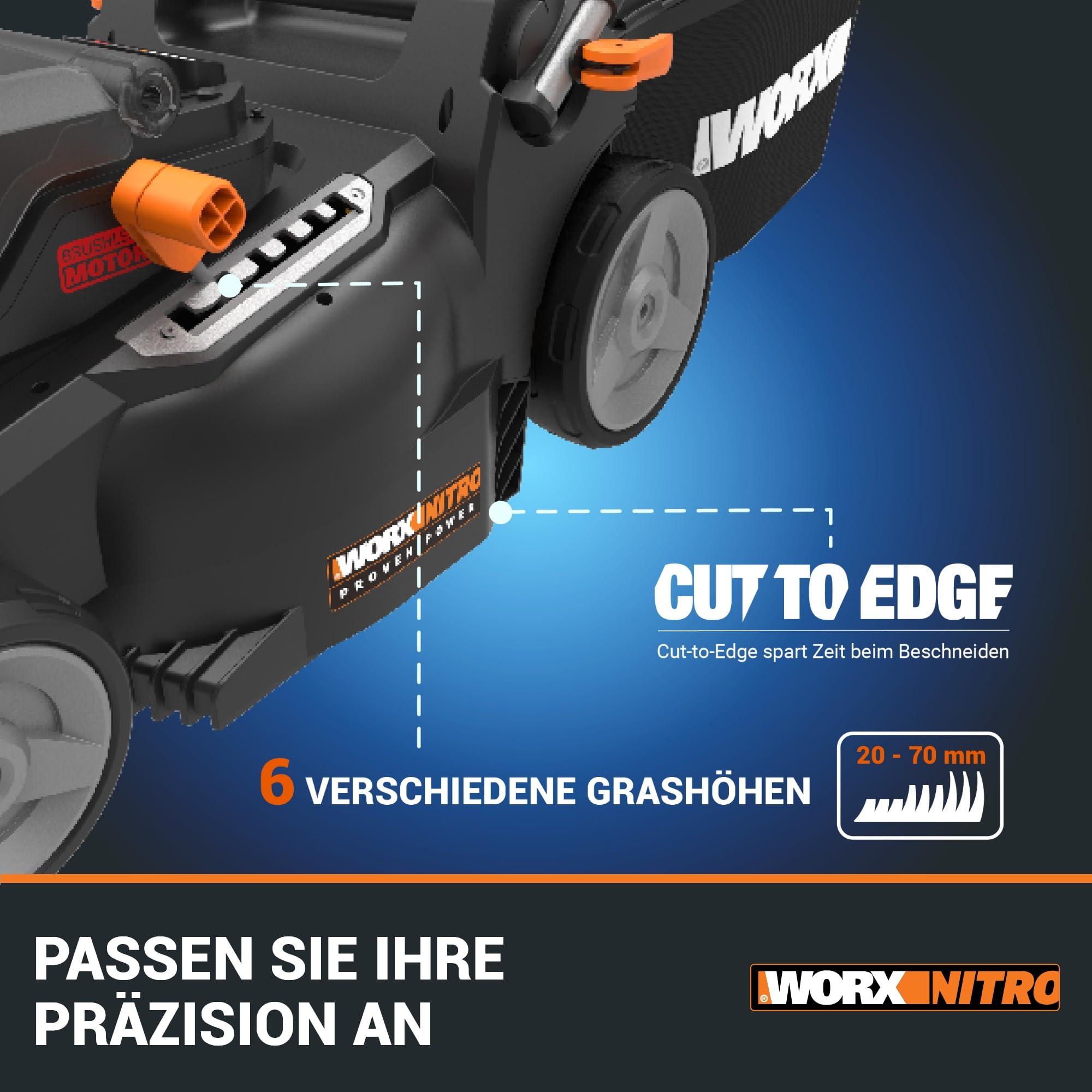 WORX WG737E Nitro Akku-Rasenmäher 40V(2x20V) - leistungsstarke bürstenloser Motor - 37cm Schnittbreite - 6 Schnitthöhenstufe (20-70mm) - 40L Grasfangsack - inkl. 2x4Ah Akkus & Dual-Ladengerät