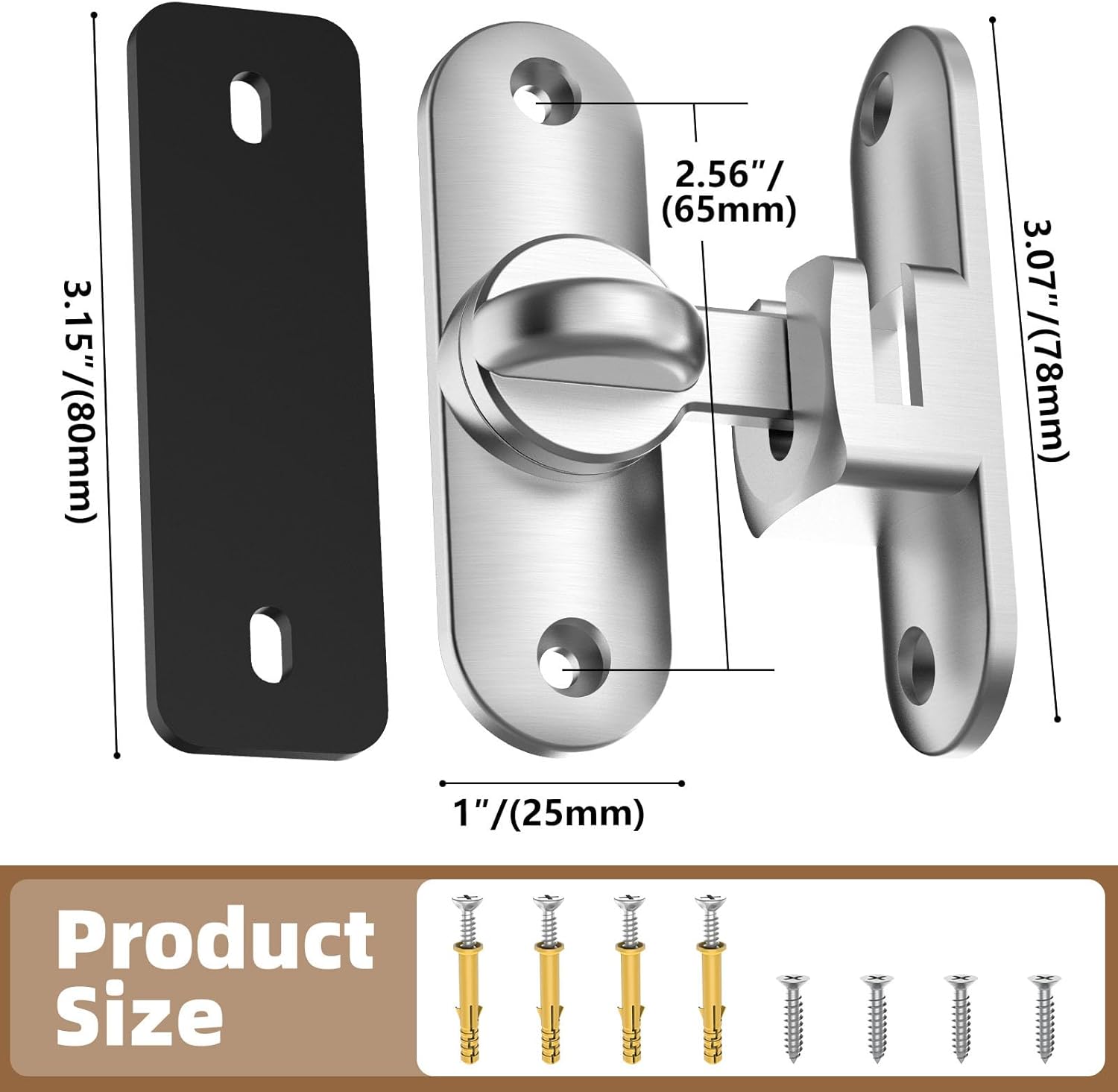 Flip Sliding Barn Door Lock, 90/180 Degree Sliding Door Latch for Barn, Pet, Bathroom, Outdoor, Garage, Window (1, Silver)