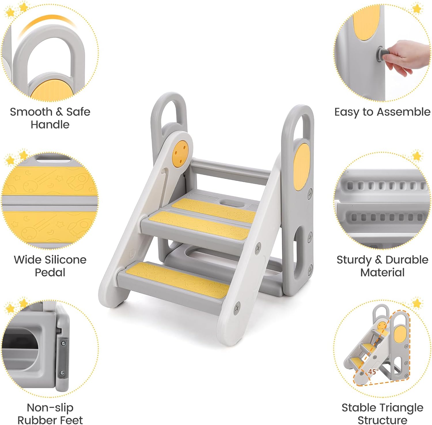 GarveeLife Foldable Step Stool for Bathroom Sink, Toddler Adjustable 3 Steps Stool with Handles, Kids Step Stool for Kitchen Counter, Toilet Potty Training, Anti-Skip Nursery Stepping Ladder Standing