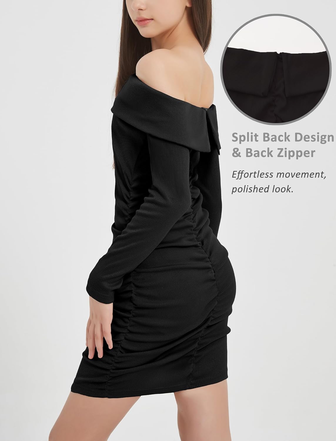 EXARUS Girls Long Sleeve Sweater Dress Bodycon Off Shoulder/Scoop Neck Ruched Ribbed Knit Tight Pencil Mini Dresses - Image 4