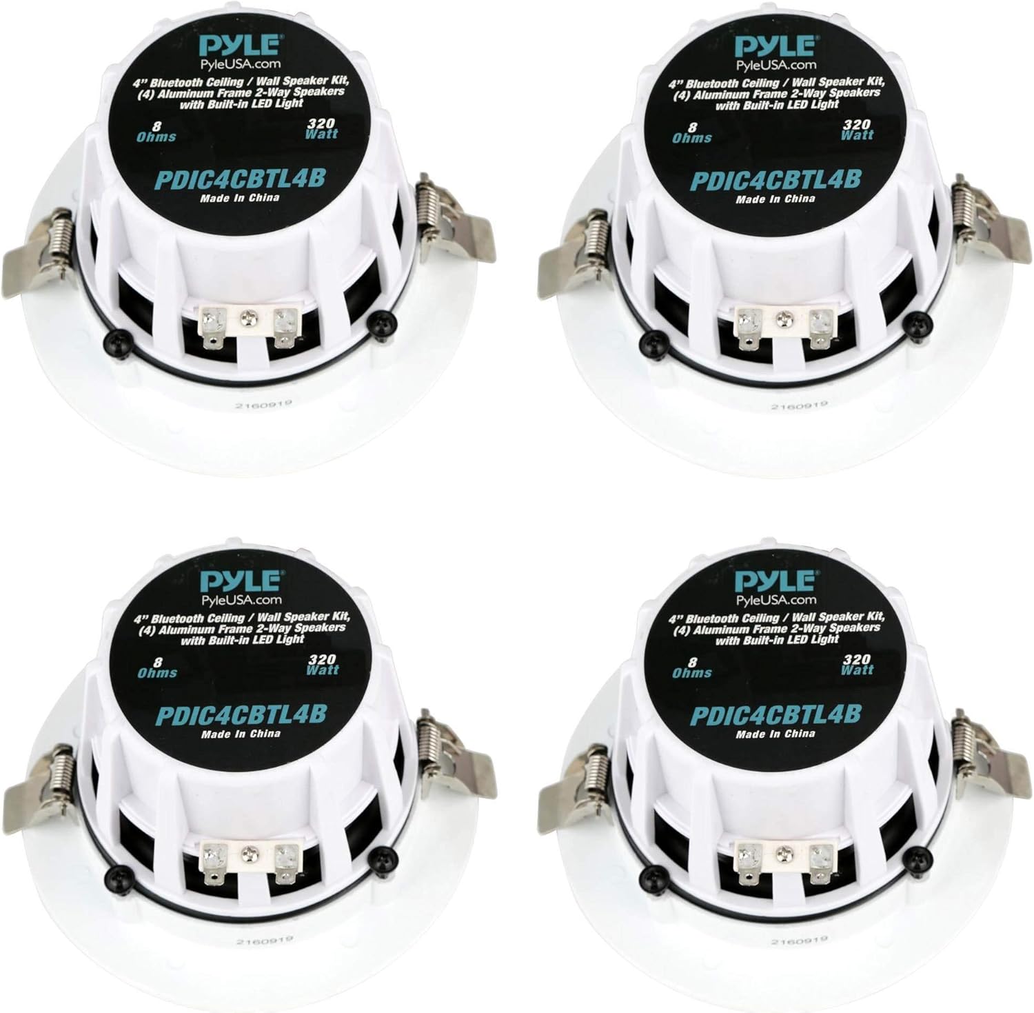 Up To 40% OFF Pyle 4” Pair Bluetooth Flush Mount In-wall In-ceiling 2-Way Home Speaker System Built-in LED Lights Aluminum Housing Spring Clips Polypropylene Cone & Tweeter 4 Ch Amplifier 320 Watts (PDIC4CBTL4B)