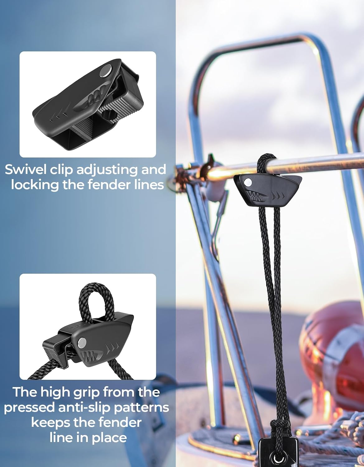 KEMIMOTO Boat Fender Clips, 2/4 Pack Shark-Shaped Fender Clips for Boat Bumpers Quick Release Adjustable Boat Rail Cleats, Boat Bumper Holder Hanger Adjuster for Pontoon Boat Bass Boat Jon Boat