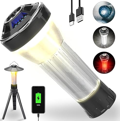 Linterna LED portátil para campamento, lámpara de campamento recargable, 3 fuentes de luz, 4 engranajes, linterna IP45, trípode impermeable, base