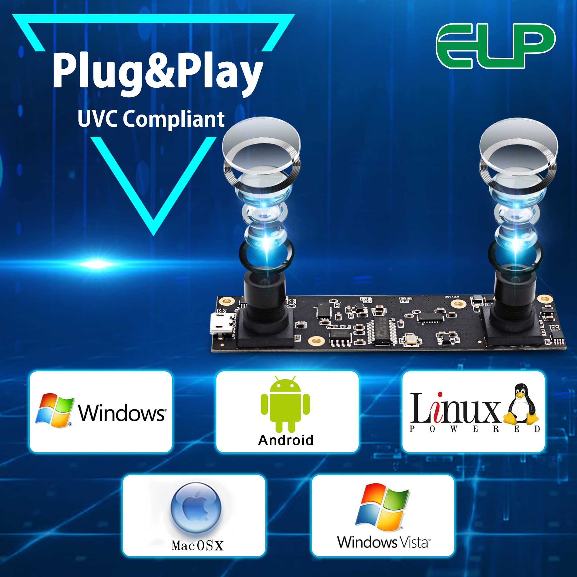 ELP Scheda webcam stereo USB 3D a doppia lente 1080P per computer e Raspberry Pi - AR0330 binoculare USB2.0 PC Camera Mini UVC USB Security Laser Engraver Laptop Lightburn