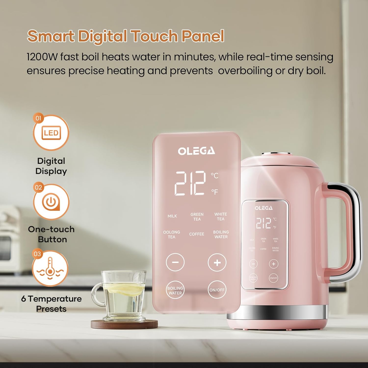 Electric Kettle Temperature Control: OLEGA 1.5L Stainless Steel Smart Kettle Hot Water Boiler, 6 Temp Presets, 1200W Fast Boiling Electric Tea & Coffee Kettle, Electric Kettles Teapot for Home -Pink