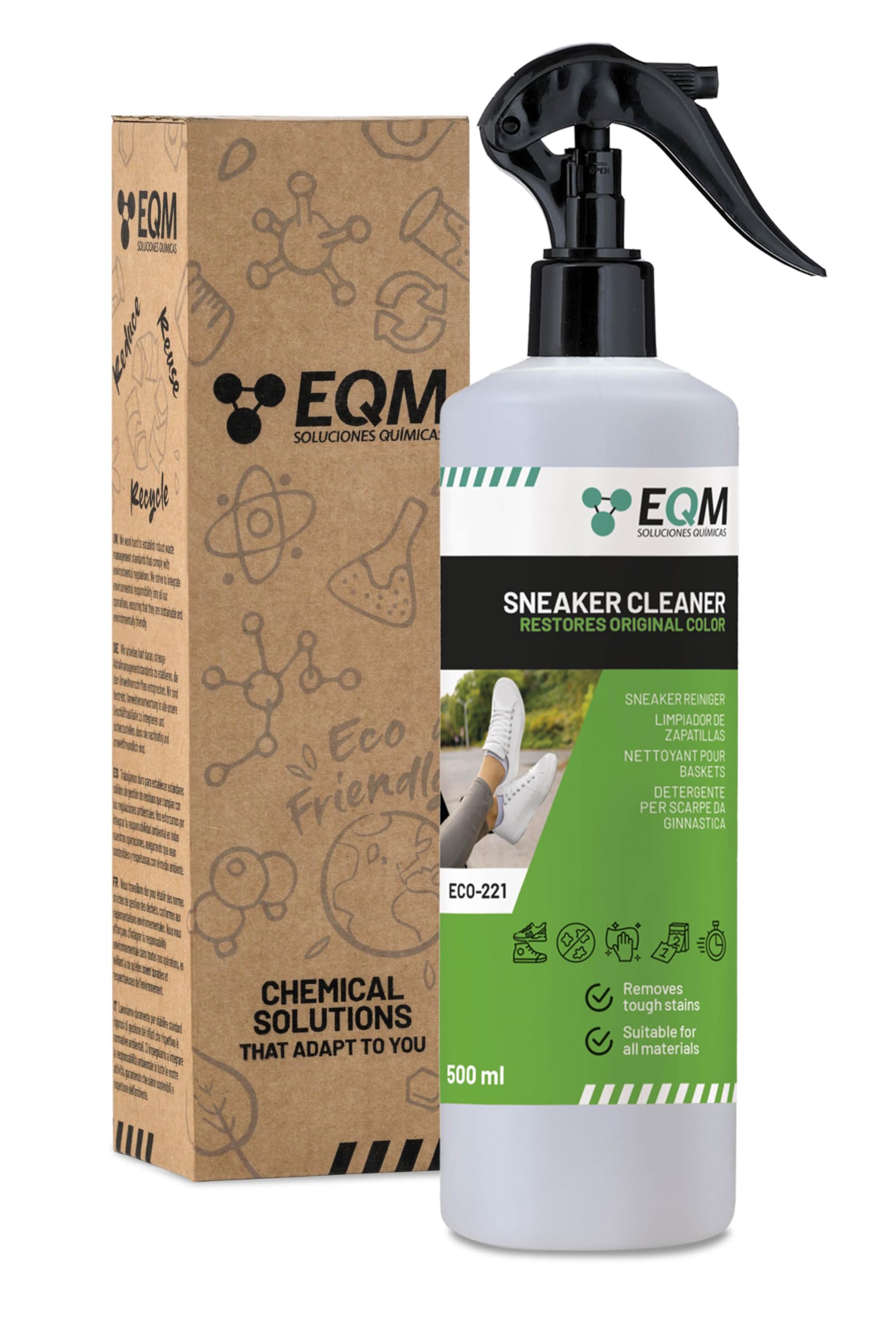 EQM - ECO-221 - Limpiador de Zapatillas - 500 ML - Fórmula Profesional para Cuero, Lona y Malla - Limpia en Profundidad, Renueva y Protege las Zapatillas