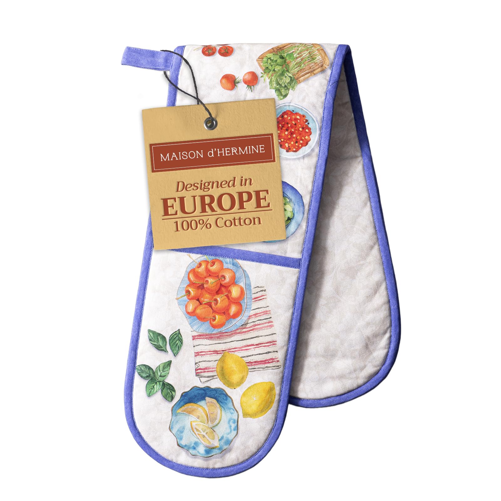 Maison d' Hermine Double Oven Mitts 100% Cotton 18 cm x 89 cm Double Oven Mitt Heat Resistant BBQ Cooking Gloves with Loop Baking Grilling Handling Hot Pans Spring Summer (Gourmand)