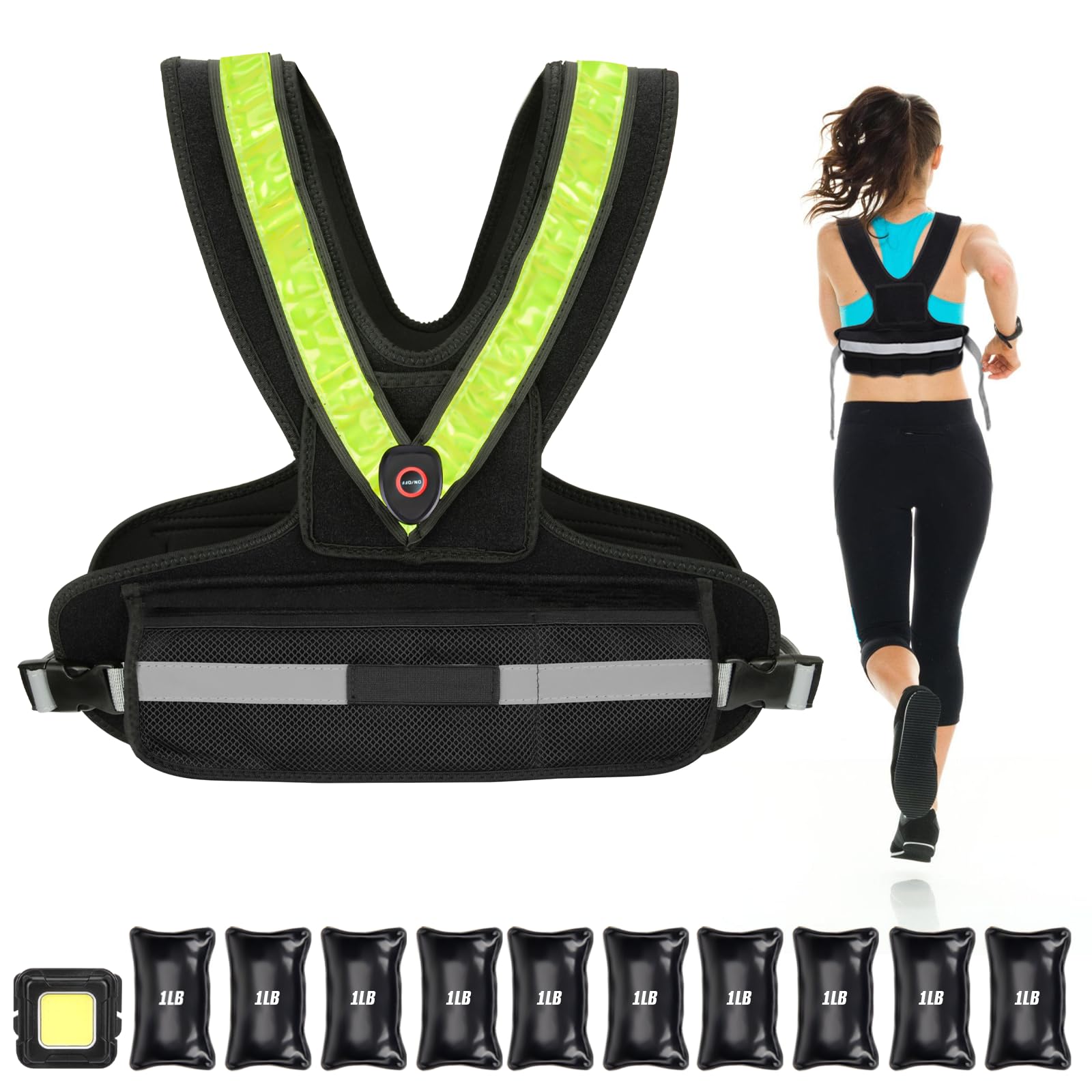 Gewichtsweste für Damen Weighted Vest für Sport und Laufen mit reflektierendem LED Gürtel und Außenscheinwerfer Gewichtsweste Verstellbare Trainingsweste bis 4.5kg oder 9.07kg