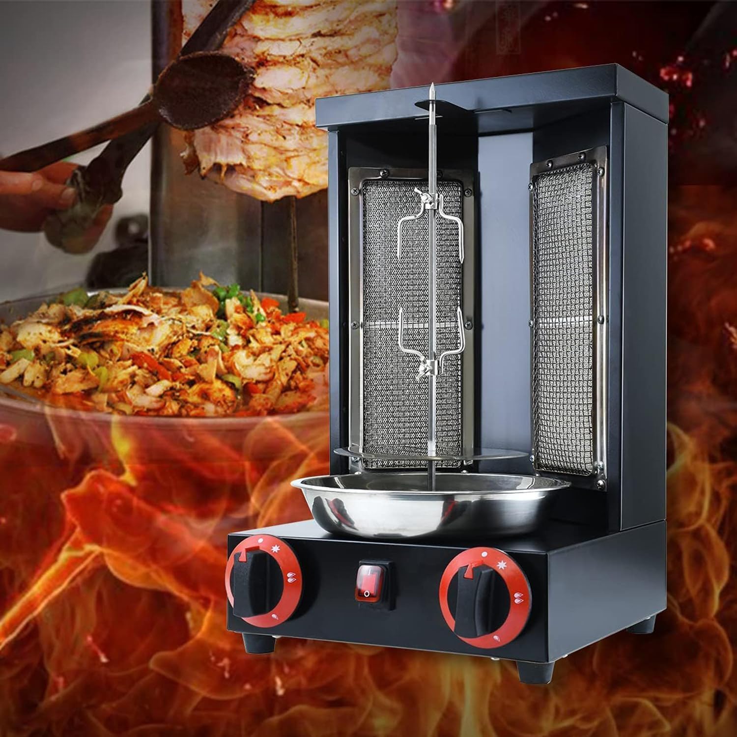 Commercial Meat Rotisserie,Electric Vertical Kebab Grill,Countertop Gas Grill Machine,Automatic Rotating Skewers Machine,Indoor Kebab Machine(Black,DoubleKnob)