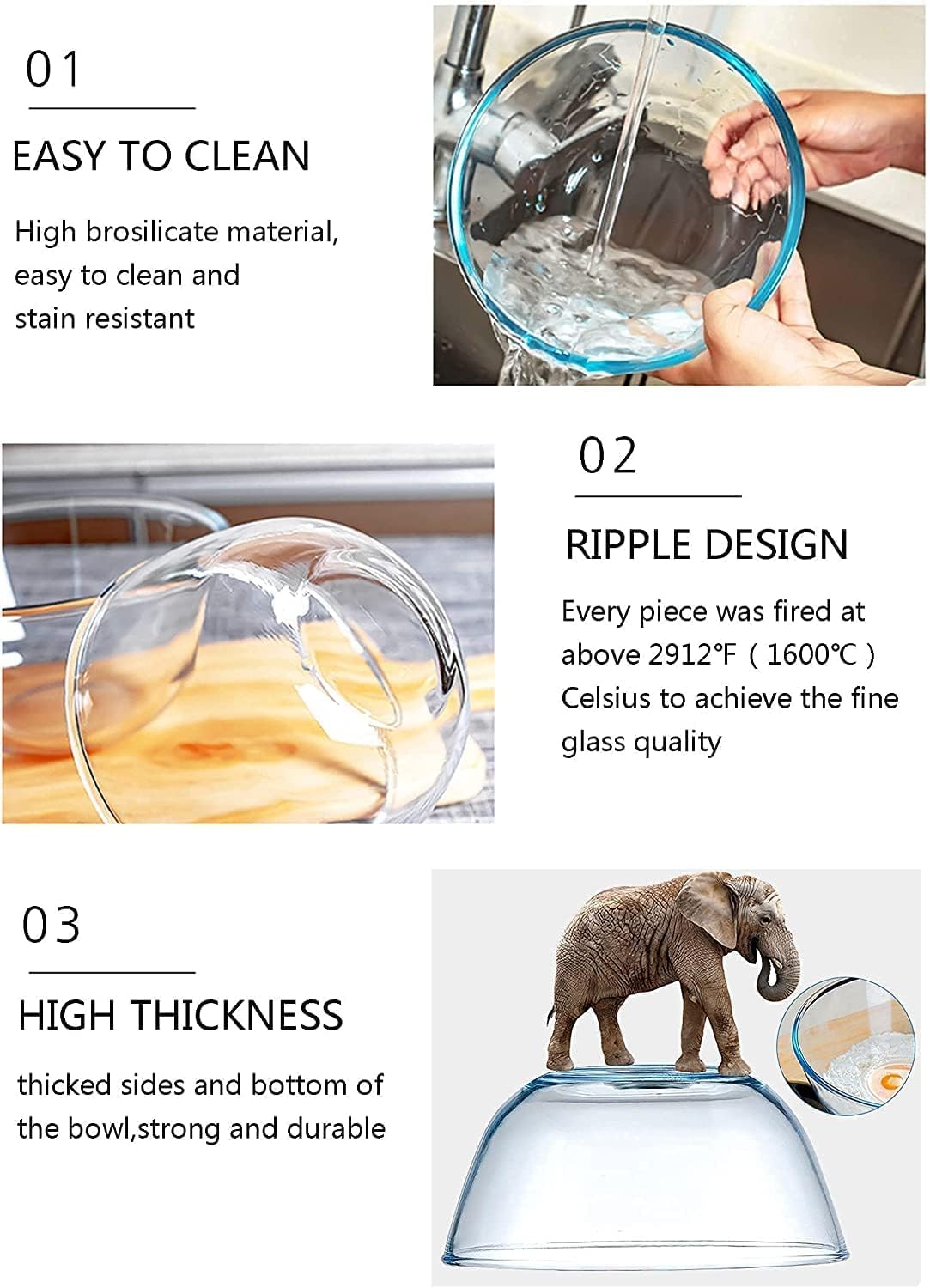 Femora Glass Mixing Bowl - 3600ml, Oven & Microwave Safe -3